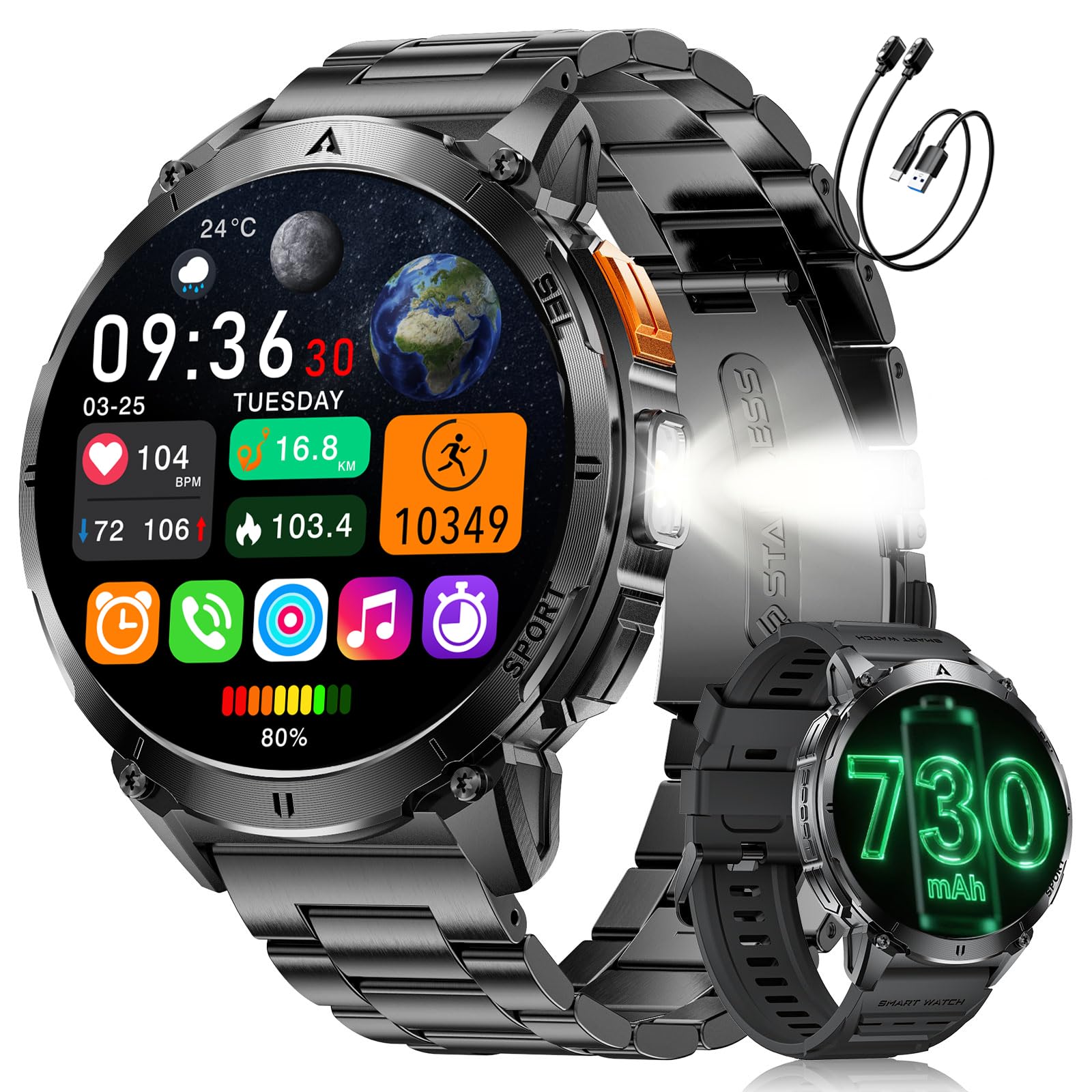 SUNKTA Montre Connectée Homme Militaire 730 mAh Grande Batterie 1,7″ HD Appels Bluetooth Smartwatch pour iOS Android Moniteur de Fréquence Cardiaque/Sommeil/Lampe LED,2 Bracelets,2 Chargeurs,Gris
