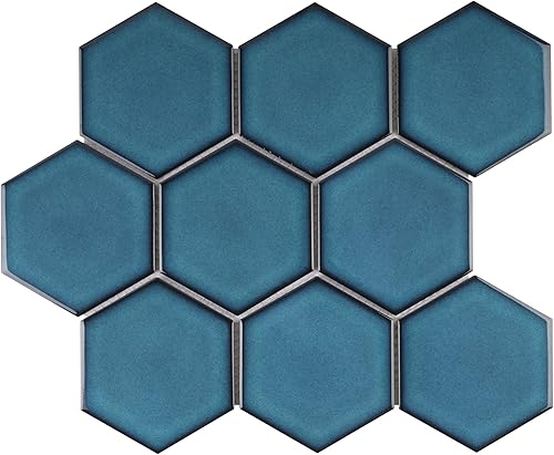 Miniatura 8 de Tile Generation TPMG-29 - Mosaico hexagonal de 4 x 4 pulgadas, porcelana, color azul cristal (pulido), 1 hoja