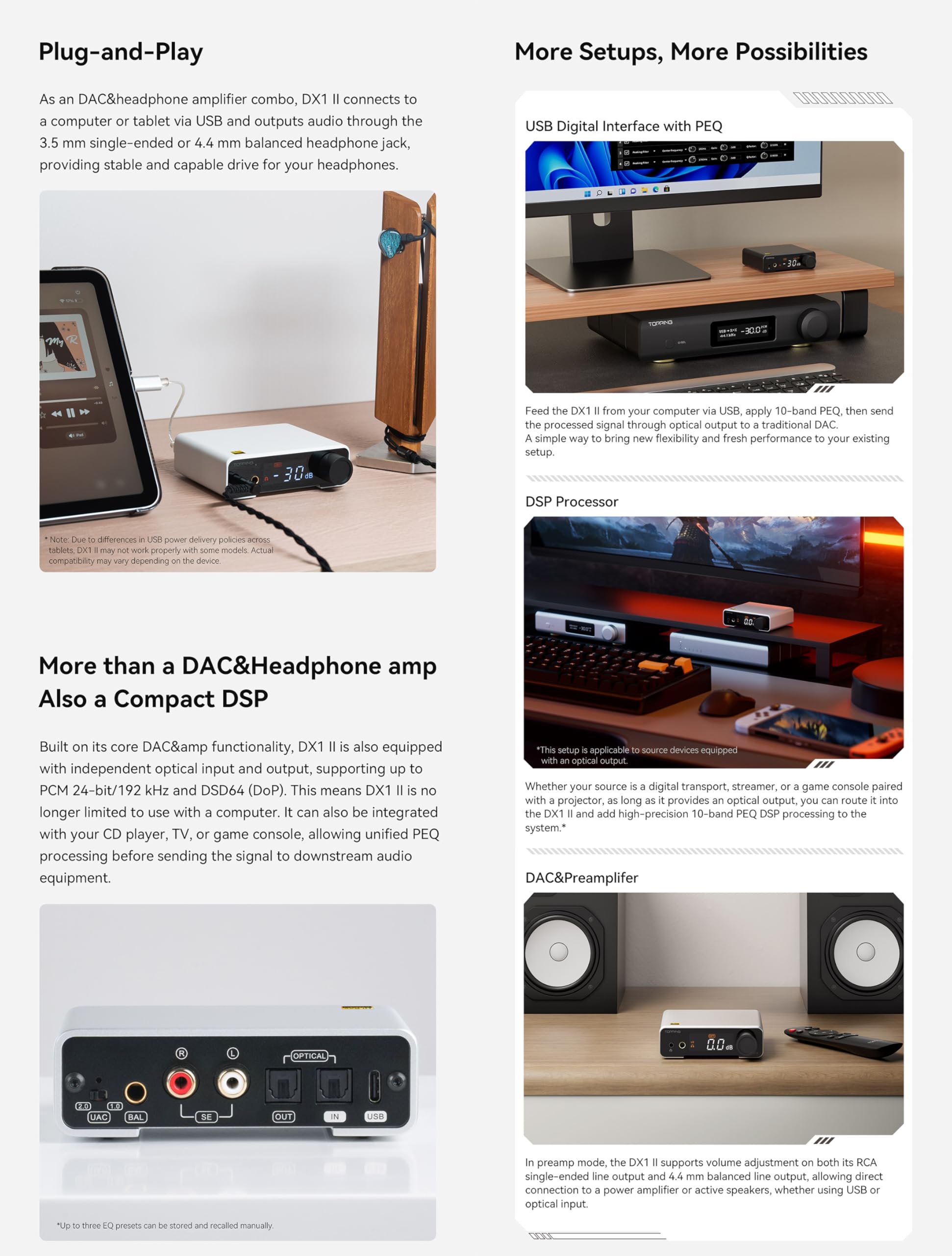 Topping DX1 II Gaming HiFi DAC Amplificatore per Cuffie - ES9039Q2M Decoder 1000mW × 2 Amplificatori per Cuffie Completamente Simmetrici Preamplificatore Compatibile con Cuffie da Gioco (Bianco)