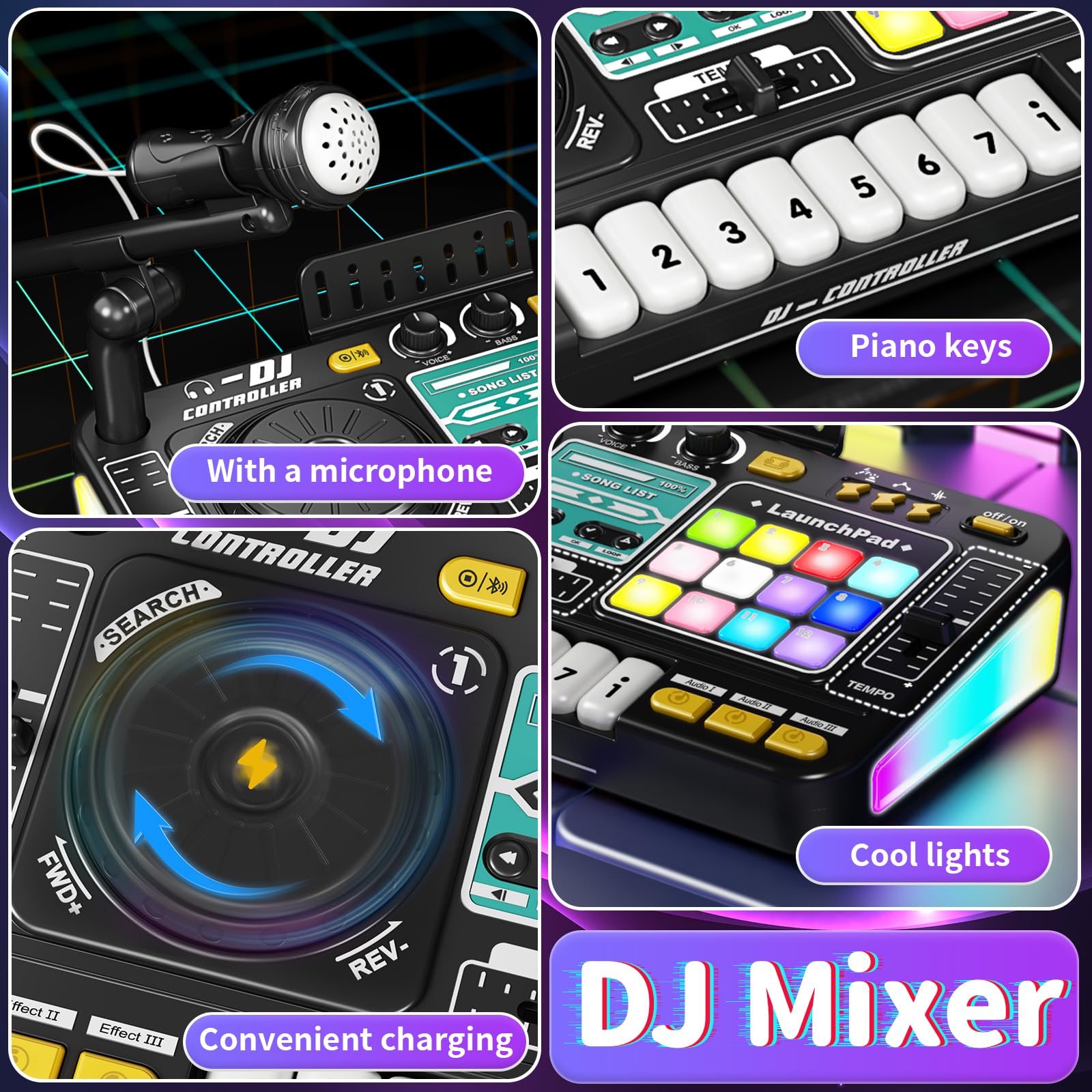 Juego de controlador de tablero mezclador de DJ para niños con tocadiscos, teclas de piano, micrófono y Bluetooth, juguete de instrumento musical para niños pequeños, bebés y niños y niñas de 3 a 8 2
