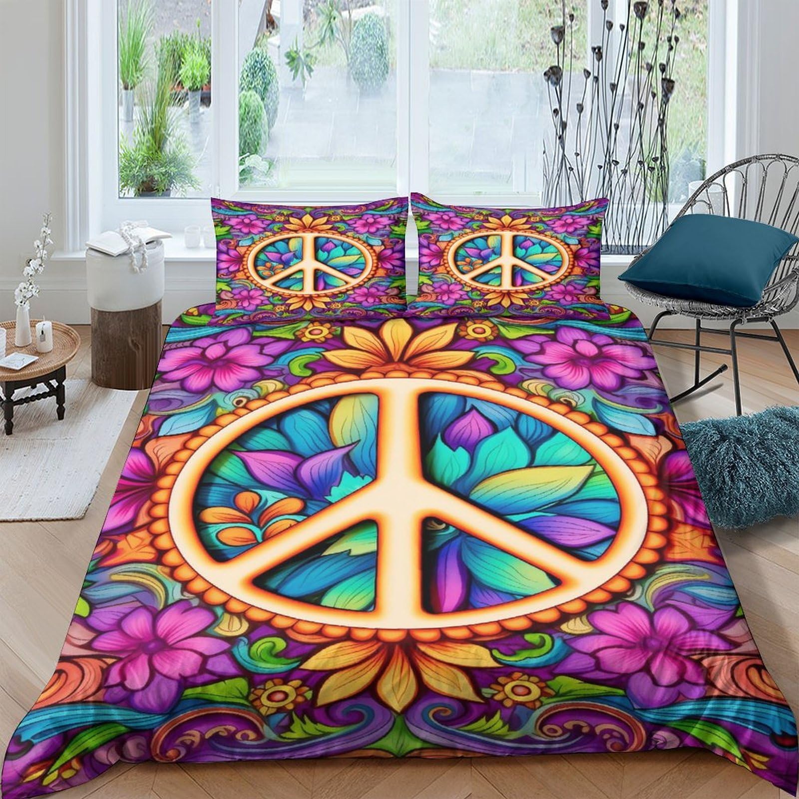 Ctjqhvkz Style-10 3D Printed Hippie Peace Sign Fitted Sheet Microfiber Boho Floral Bed Cover Anti-Slip Machine Washable Bedroom Decor Single（135X200cm）