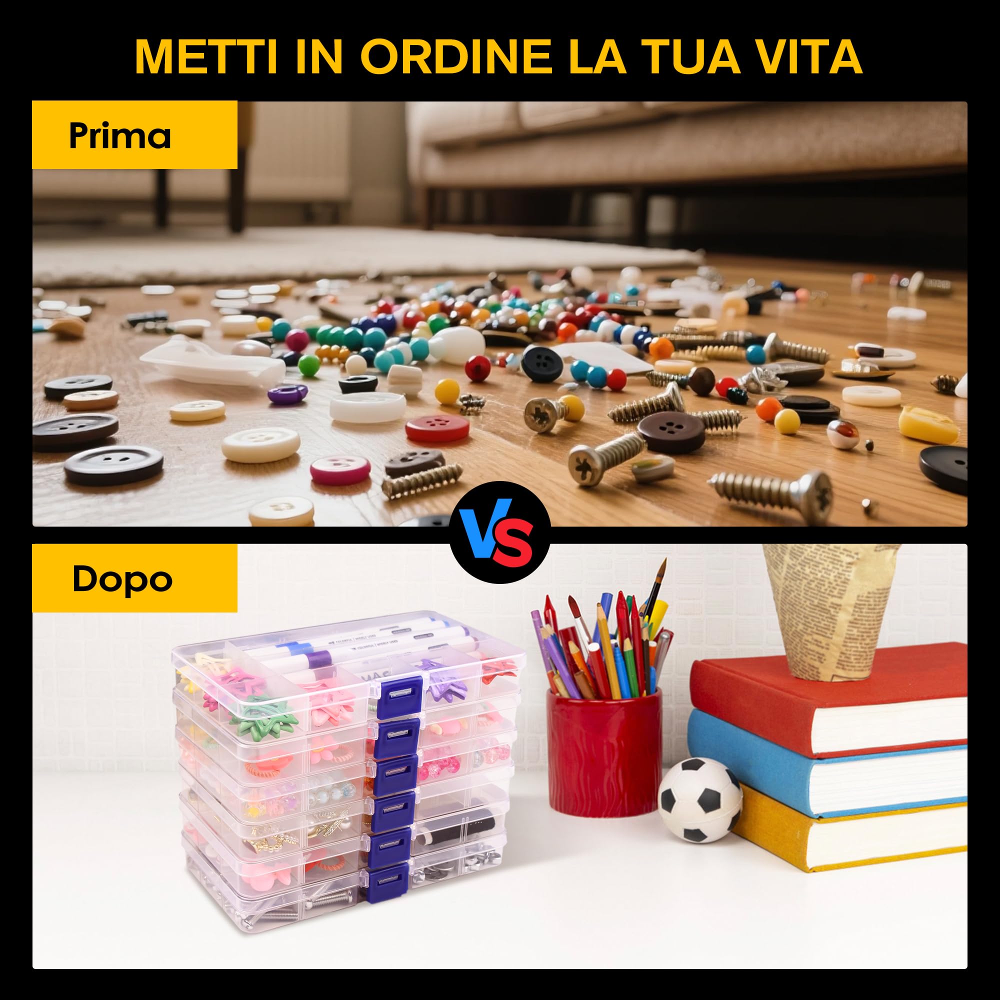 6 Pezzi Scatole Portaoggetti con 15 Scomparti Portaoggetti e Divisori Regolabili Mini Contenitori di Plastica per la Conservazione Scatola per Giocattoli Perline Arte Piccoli Oggetti
