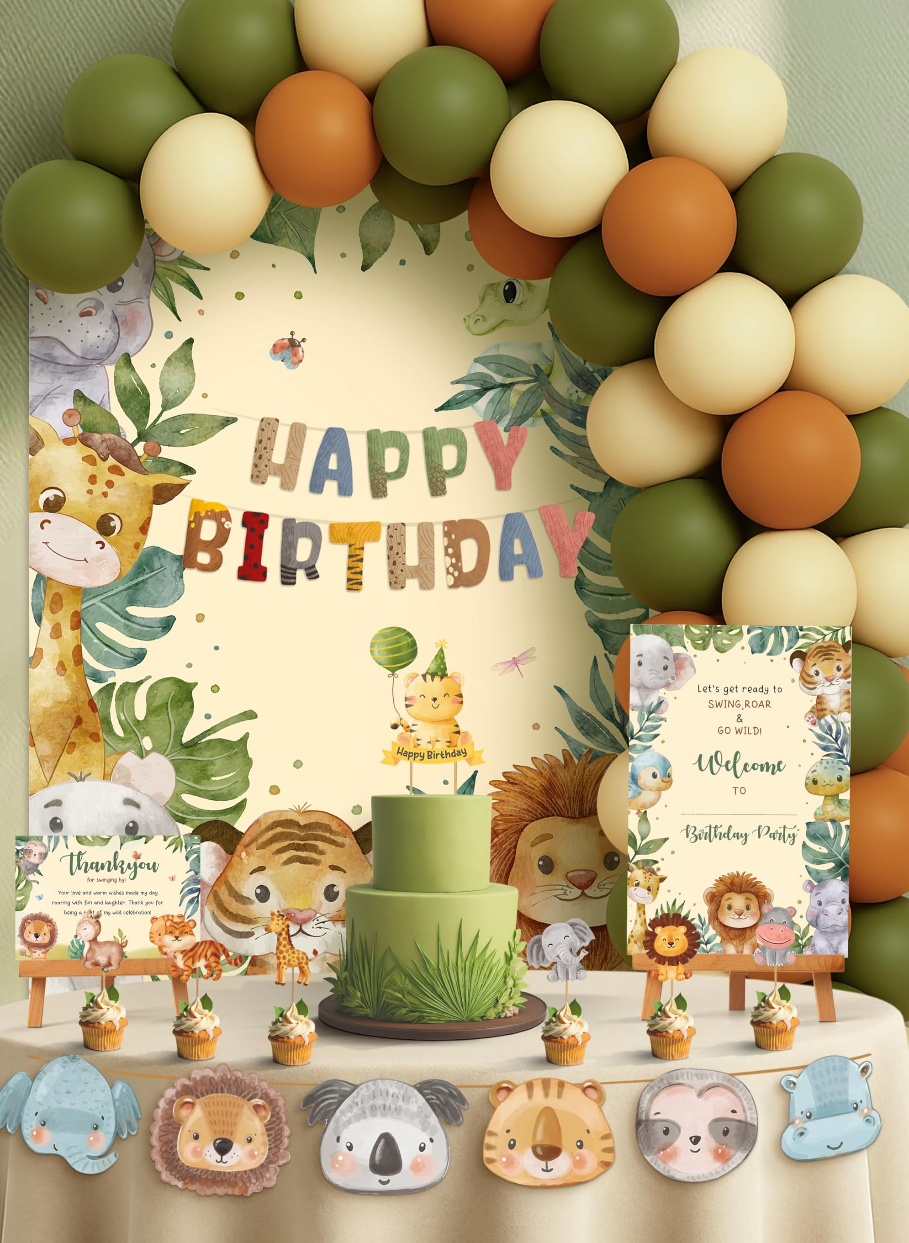 Just Party Jungle Theme Party Decoration - 100 pcs Happy Birthday Decoration Kit for Kids | Jungle Theme Birthday Decoration Items for Boys & Girls |Includes Balloons, Backdrop Curtain, Props, Banners
