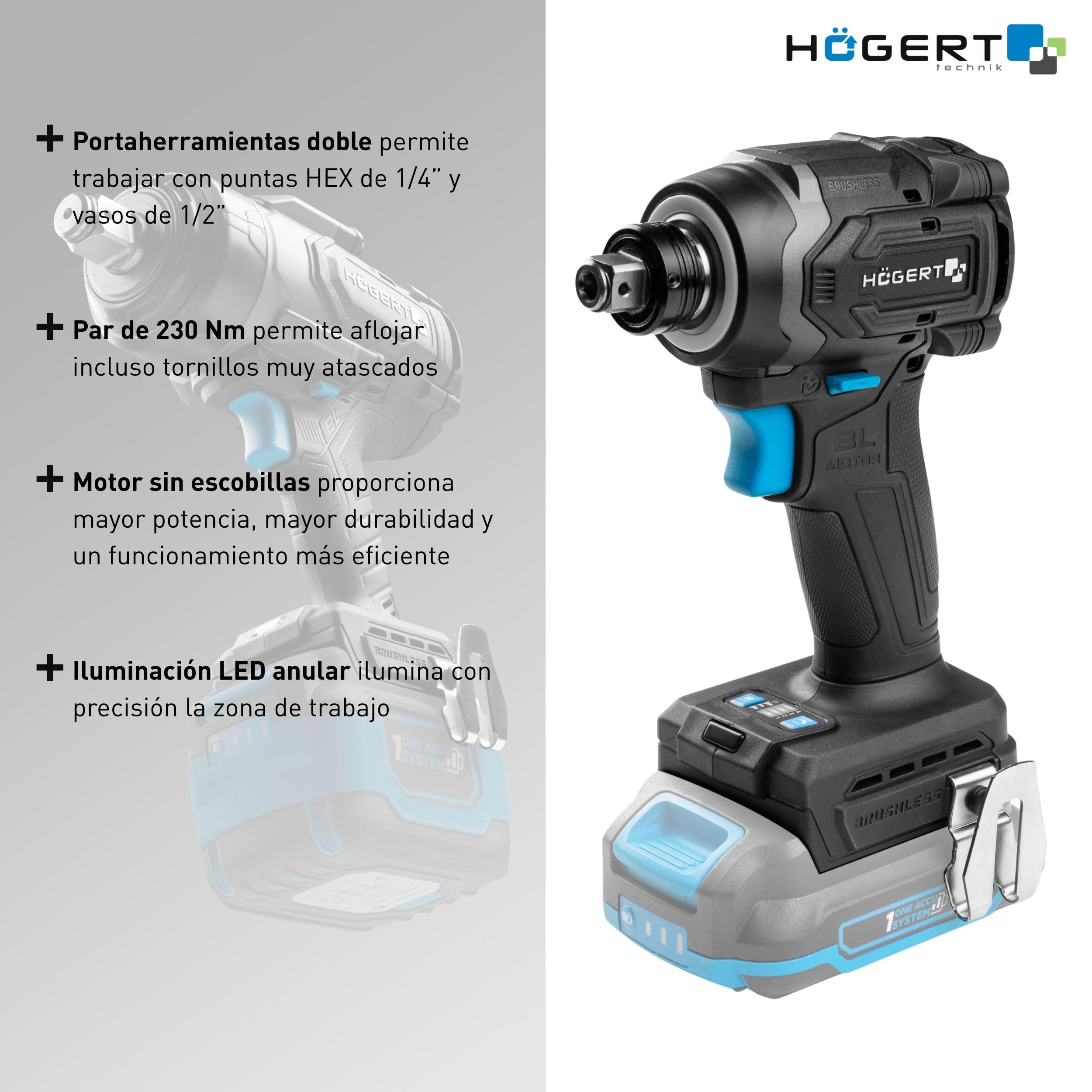 Högert Technik Llave de Impacto a Batería 18V OneAccuSystem, motor sin escobillas, 230 Nm, atornillador de impacto 2 en 1, 1/4" HEX y 1/2" cuadradillo, para taller y montaje, sin batería