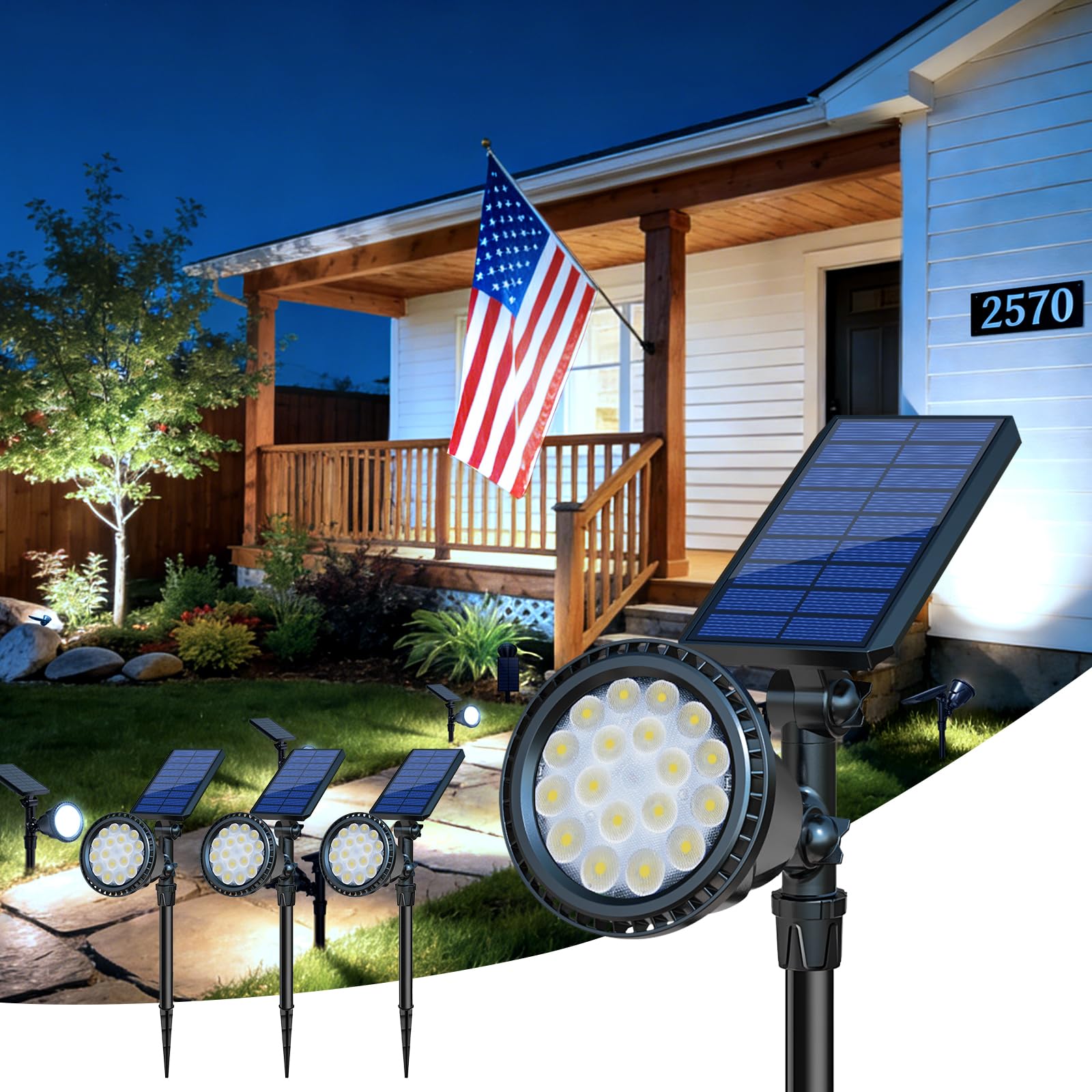 DBF Solar Outdoor Lights, 600LM Solar Spot Lights Outdoor Waterproof with 2 Lighting Modes, Adjustable Head & Solar Panel Landscape Spotlights for Flag Garden Yard Driveway Patio(Cool White, 4 Pack)
