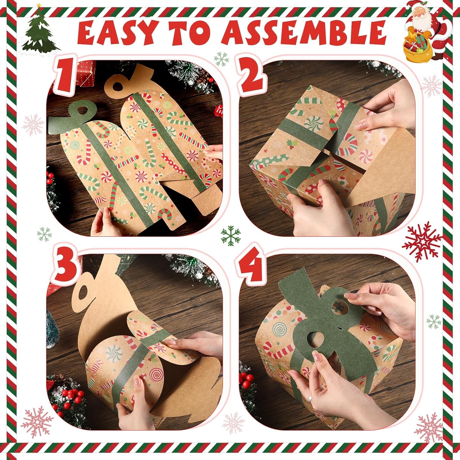 Funrous 24 Pcs Christmas Goody Gift Boxes with Bow 3D Retro Bulk Xmas Holiday Goodie Paper Candy Boxes Assorted Kraft Christmas Gift Box for Treat Cookie Xmas Party Favor Supplies, 6 x 6 x 5.5 in