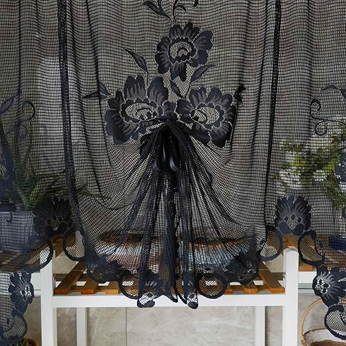 Miniatura 4 de Cenefa de cortina de encaje transparente con bordado floral negro, estilo princesa, estilo princesa, cenefa de cortina bordada en cascada para