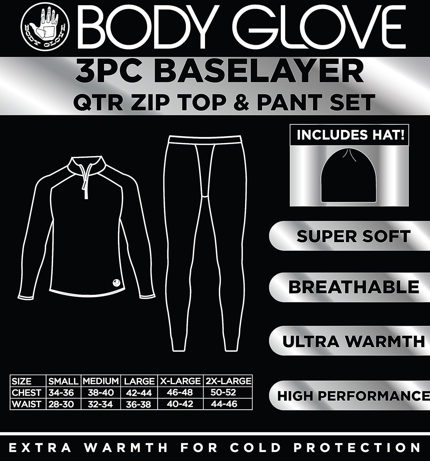 Body Glove 3 Pack Mens Thermal Underwear Fleece Lined Long Underwear Mens Base Layer Legging Pants, Shirt and Beanie