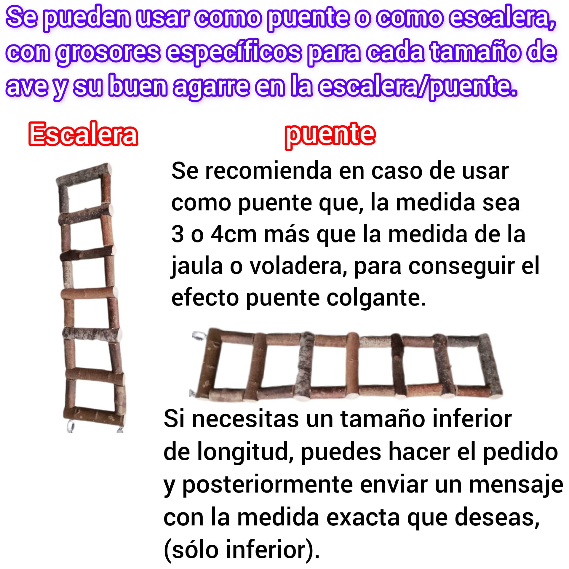 Escaleras para jaulas y voladeras de loros, juguete puente aviario de pájaros, percha natural colgante de aves agaporni, ninfa, accesorio guacamayo, yaco, conures, CALIDAD PREMIUM. (voladeras, P/M)