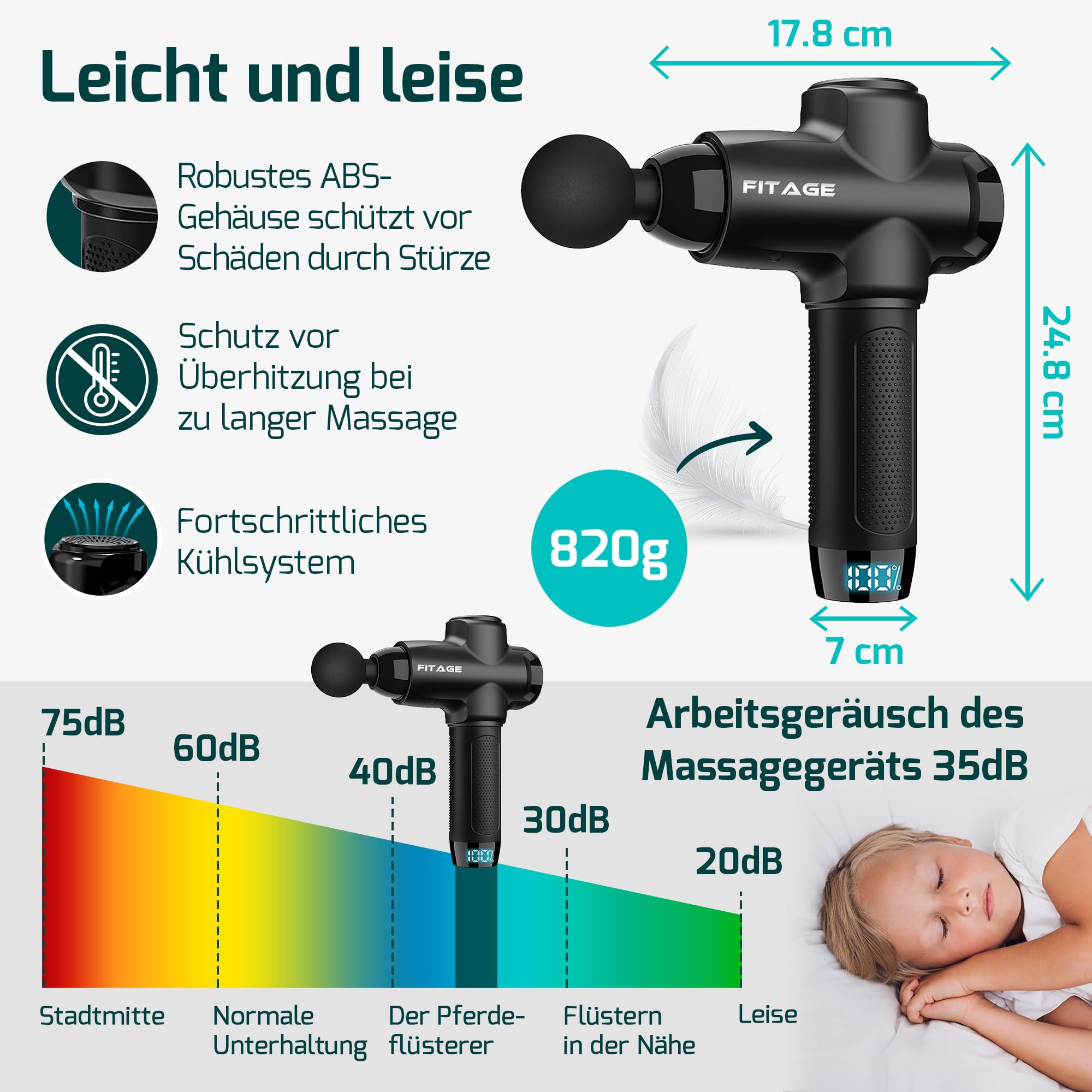 FITAGE Massagepistole, Leises Massagegerät mit 30 einstellbaren Geschwindigkeitsstufen, Massage Gun, 12 Aufsätze für Tiefengewebe Schulter, Rücken und Ganzkörperentspannung, Massage-Pistole – Original