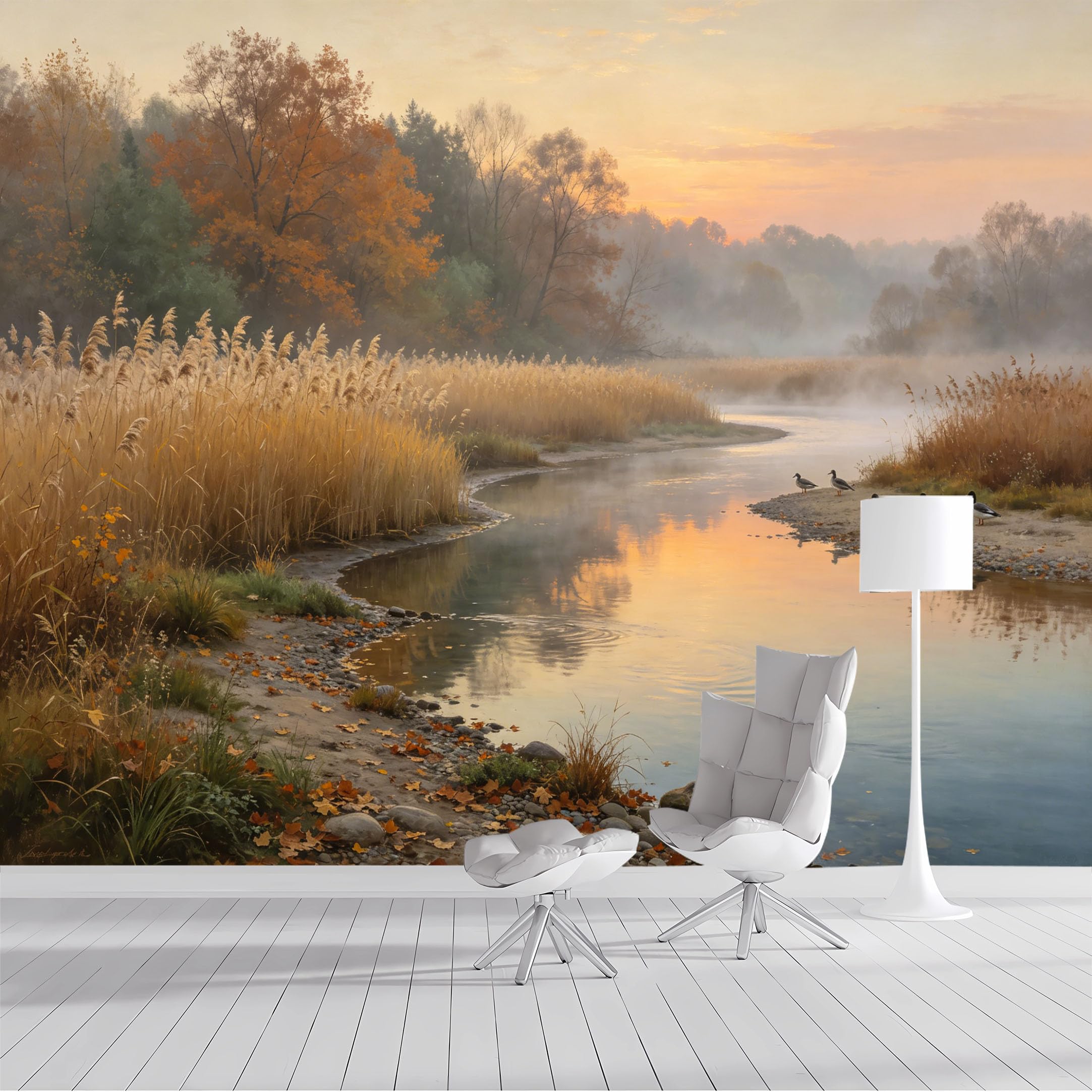 Custom Size Wall Mural Autumn River Landscape Misty Morning with Ducks Oil Painting SelfAdhesive Wall Fabric Removable Peel and Stick Wallpaper Wall Decor for Living Room Bedroom Bathroom