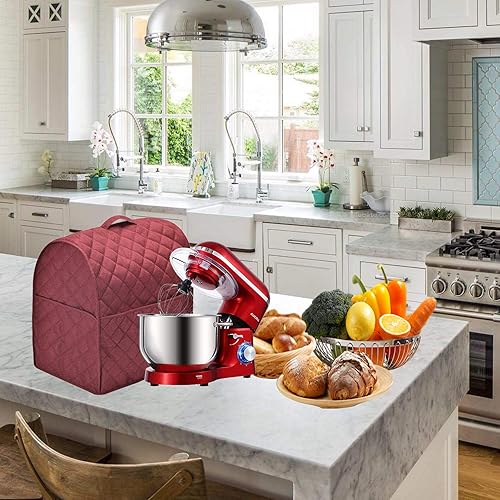 Miniatura 5 de Cubierta antipolvo para batidora de pie con 3 bolsillos compatible con cabezal inclinable KitchenAid, fácil limpieza, puede planchar (vino tinto, se