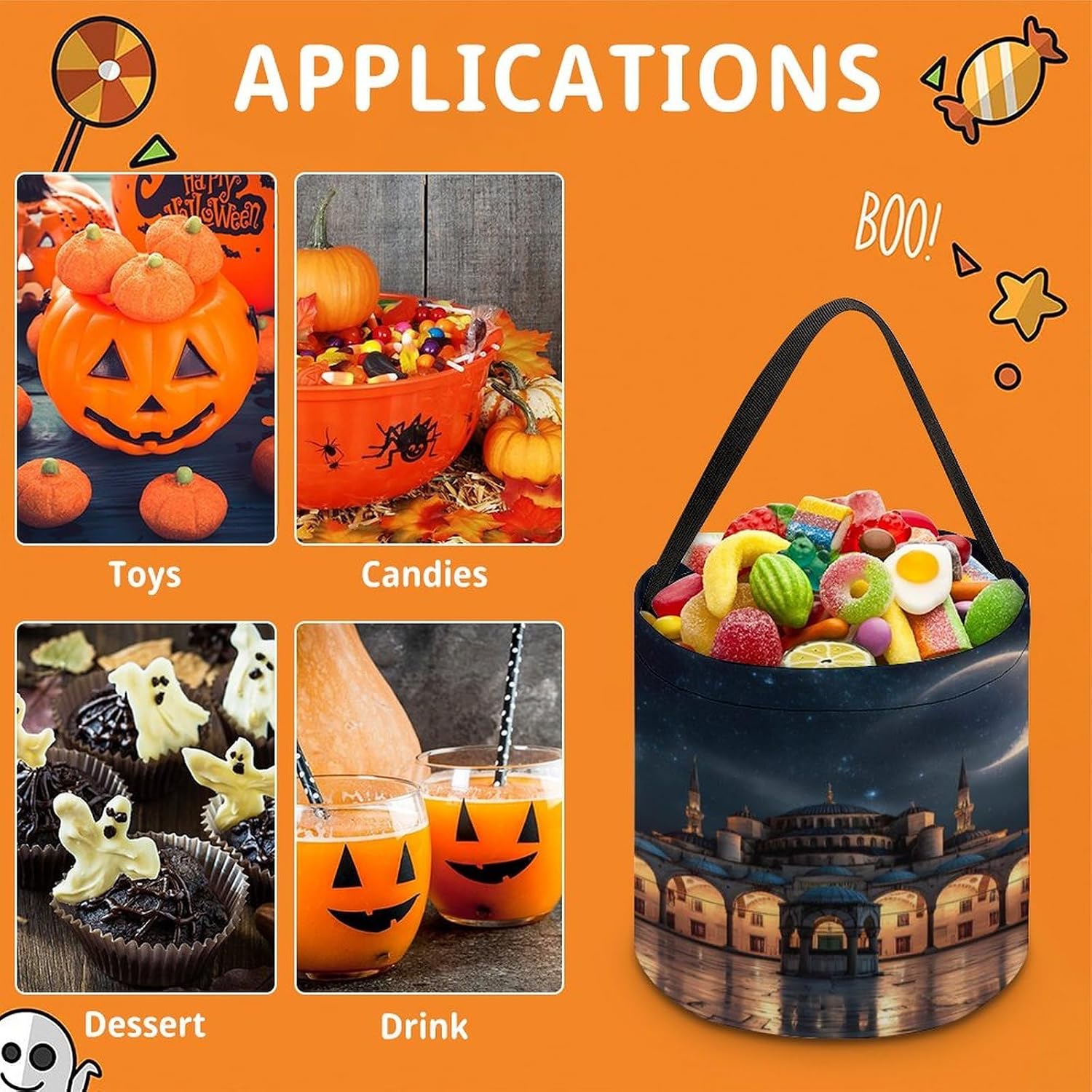 Blue Mosque Islamic Muslim Halloween Treat Bag Reusable Candy Basket Tote Goody Bags Gift Party