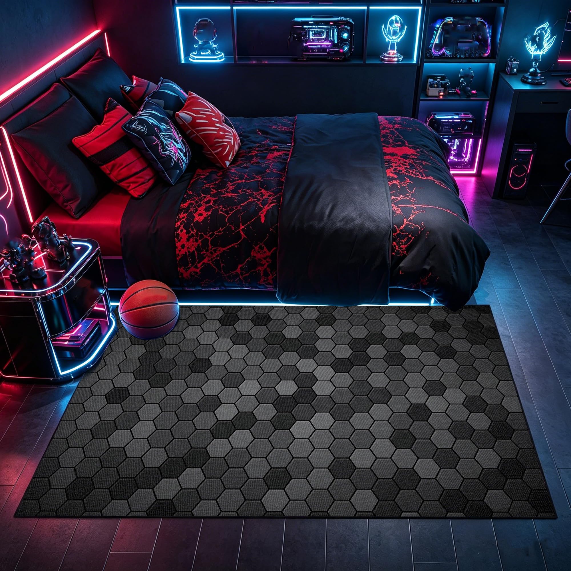Tappeto Camera da Letto Ragazzo, Tappeto Gaming Pavimento, Stampa Geometrica Neon Gaming, Antiscivolo, Tappeto Zone Game 3D, Decorative Stanza Gaming 120 x 180 cm