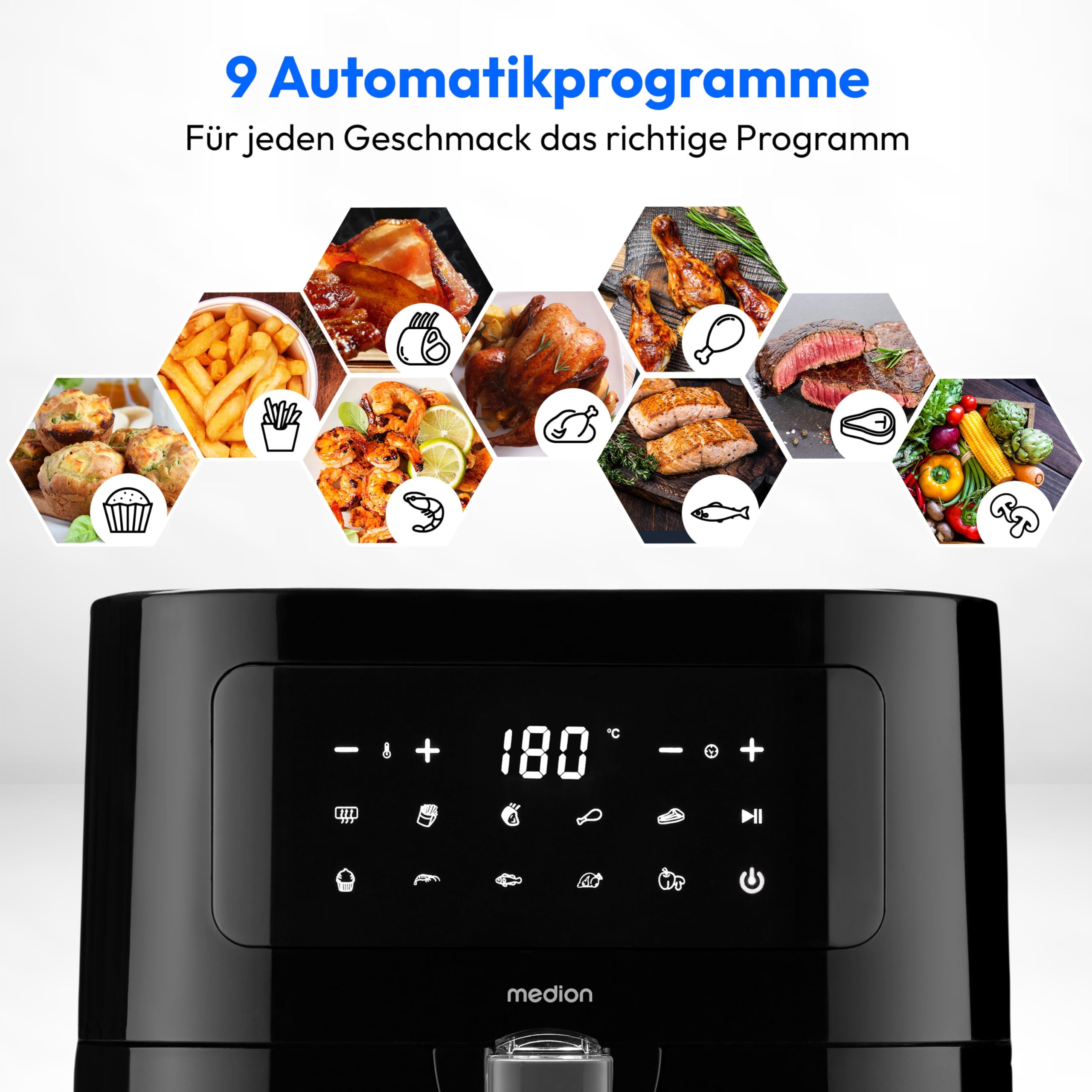 MEDION E40 XL Heißluftfritteuse (5,2 Liter, Airfryer, 2.150 Watt, 9 Automatikprogramme, Backfunktion, ölfreies Frittieren, Touch Bedienfeld, LED Anzeige, MD 11740) schwarz