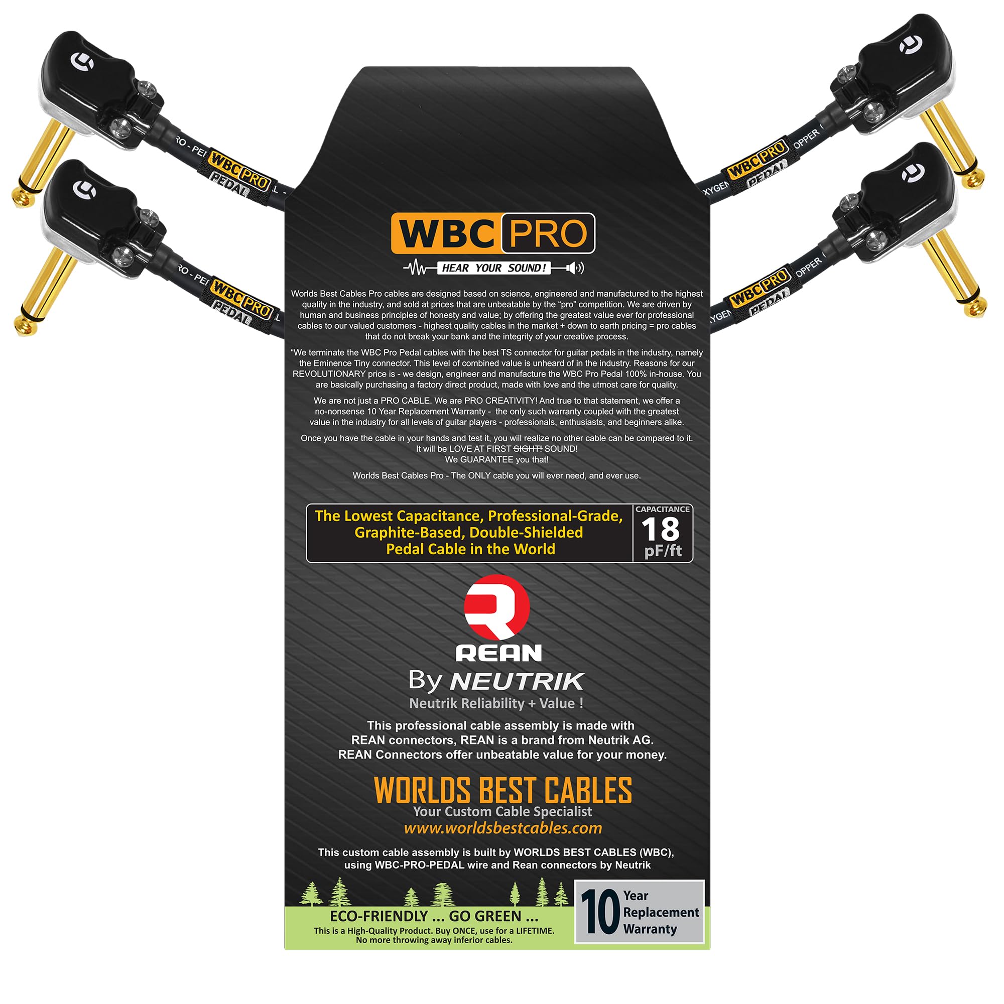 2 unidades – 4 pulgadas – Pedal WBC-PRO-– 22 AWG – Tapa baja (18pF/ft) – Grado profesional – Basado en grafito – Pedal de doble blindaje, efectos, parche, cable de instrumento con conectores