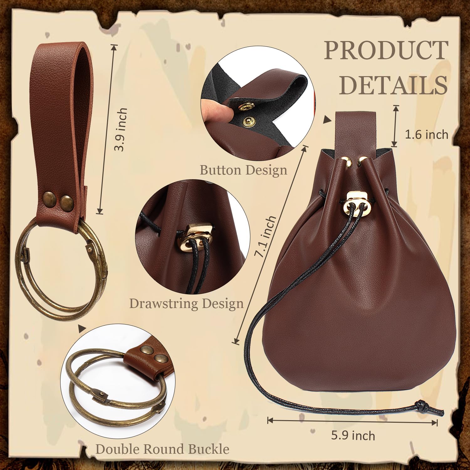 Belt Pouch Waist Bag Fanny Pack Medieval Vintage Leather Pouch Cellphone Holder Holster Carry Belt Purse Pocket Casual Hiking Festival Renaissance Faire Costume Props Travel Wallet (I2-Brown) - Image 8