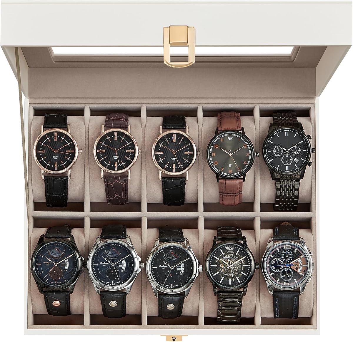 SONGMICS Caja para Relojes, Organizador de Caja para Relojes con 10 Ranuras con Tapa de Vidrio Grande, Almohadas Removibles, Regalo para Sus Seres Queridos, Cuero Sintético Blanco Nube, Forro Beige Capuchino UJWB010W01
