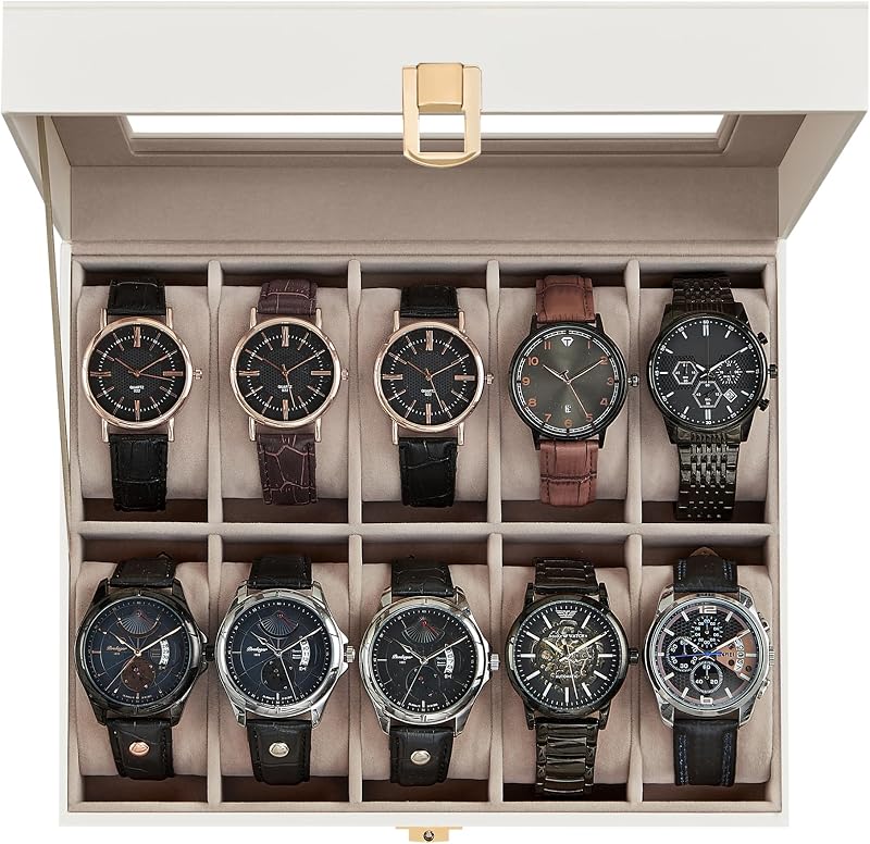 SONGMICS Caja para Relojes, Organizador de Caja para Relojes con 10 Ranuras con Tapa de Vidrio Grande, Almohadas Removibles, Regalo para Sus Seres Queridos, Cuero Sintético Blanco Nube, Forro Beige Capuchino UJWB010W01