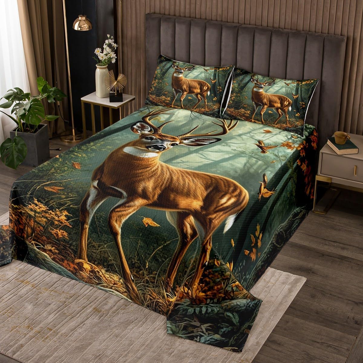 jejeloiu Deer Bedspread Deer Hunting Bedspread for Kids Boys Girls Wild Animal Coverlet Set Falling Maple Quilted Bedroom Collection 3Pcs Queen Size