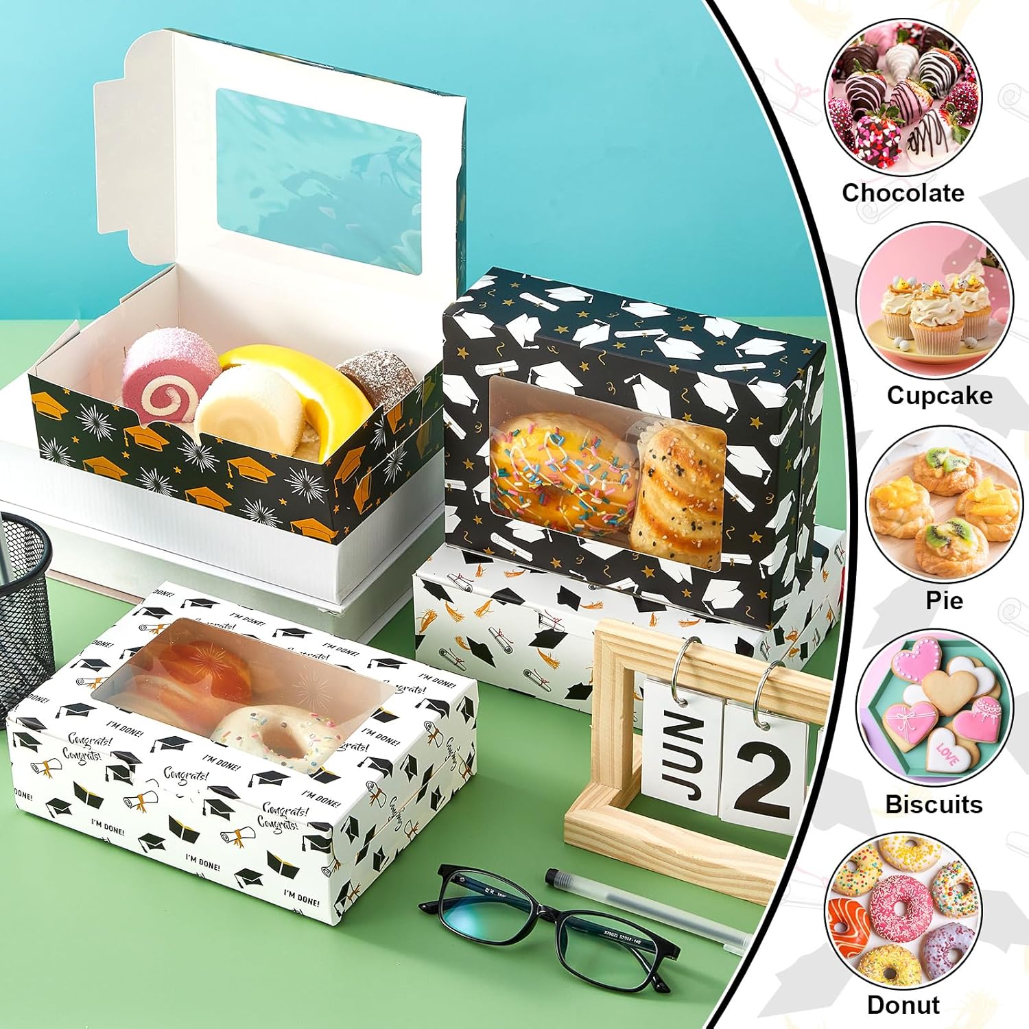 24 Pcs 8 x 6 x 2.5 Inch Graduation Cookies Boxes with PVC Window for Gift Giving Graduation Pastry Boxes Treat Bags for 2025 Graduation School Party Gift Packaging Cupcakes