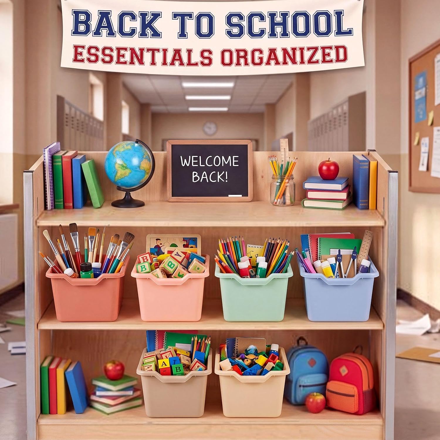 Novabright 12 Pcs Plastic Book Bins for Classroom Library Cubby Bins Scoop Front Stackable Toy Storage Tubs Colorful Containers for Back to School Office Home Nursery Playroom Organization