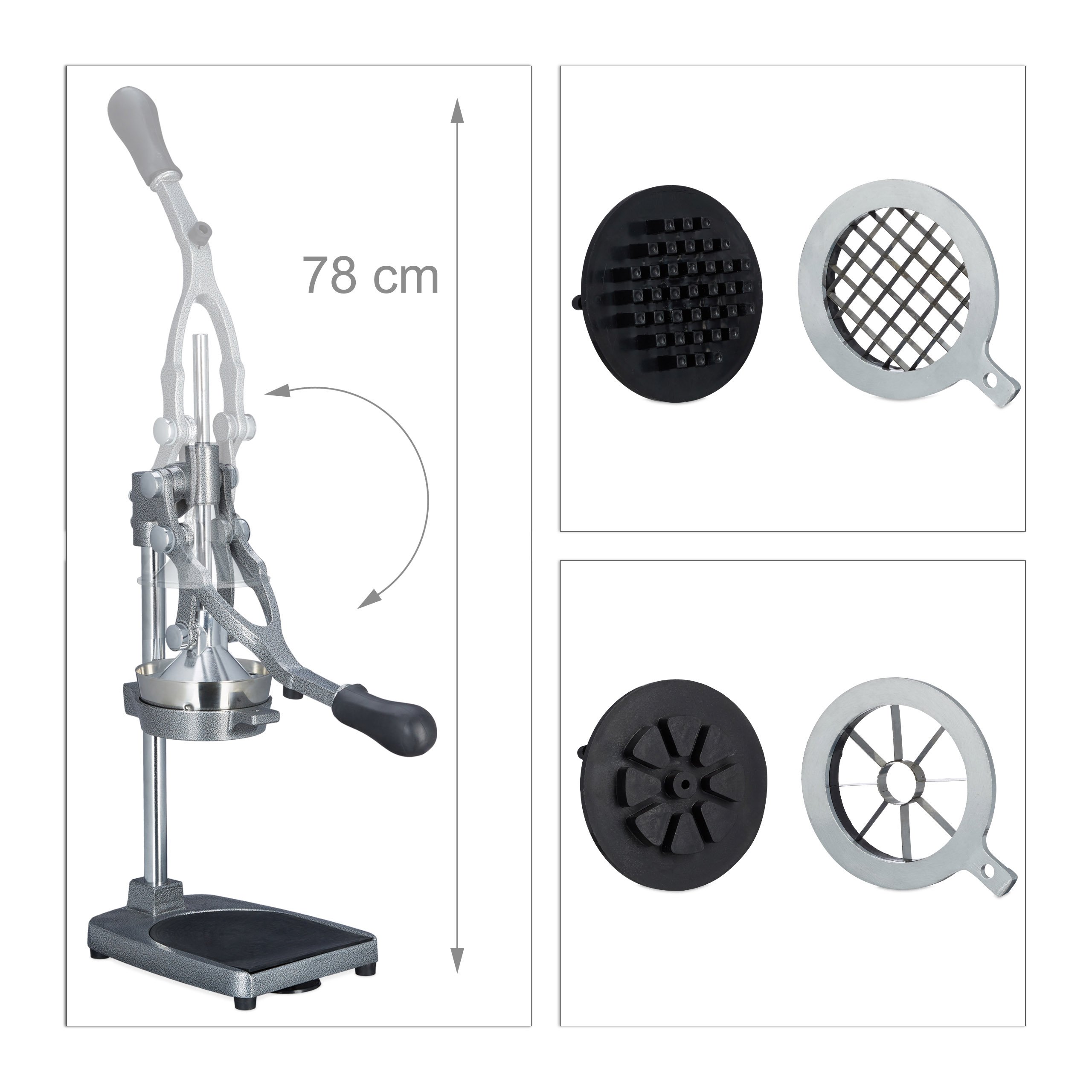 Relaxdays Spremifrutta manuale con tagliapatate, tagliamela, spremiagrumi HxLxP 47,5 x 17 x 40,5 cm, acciaio inox