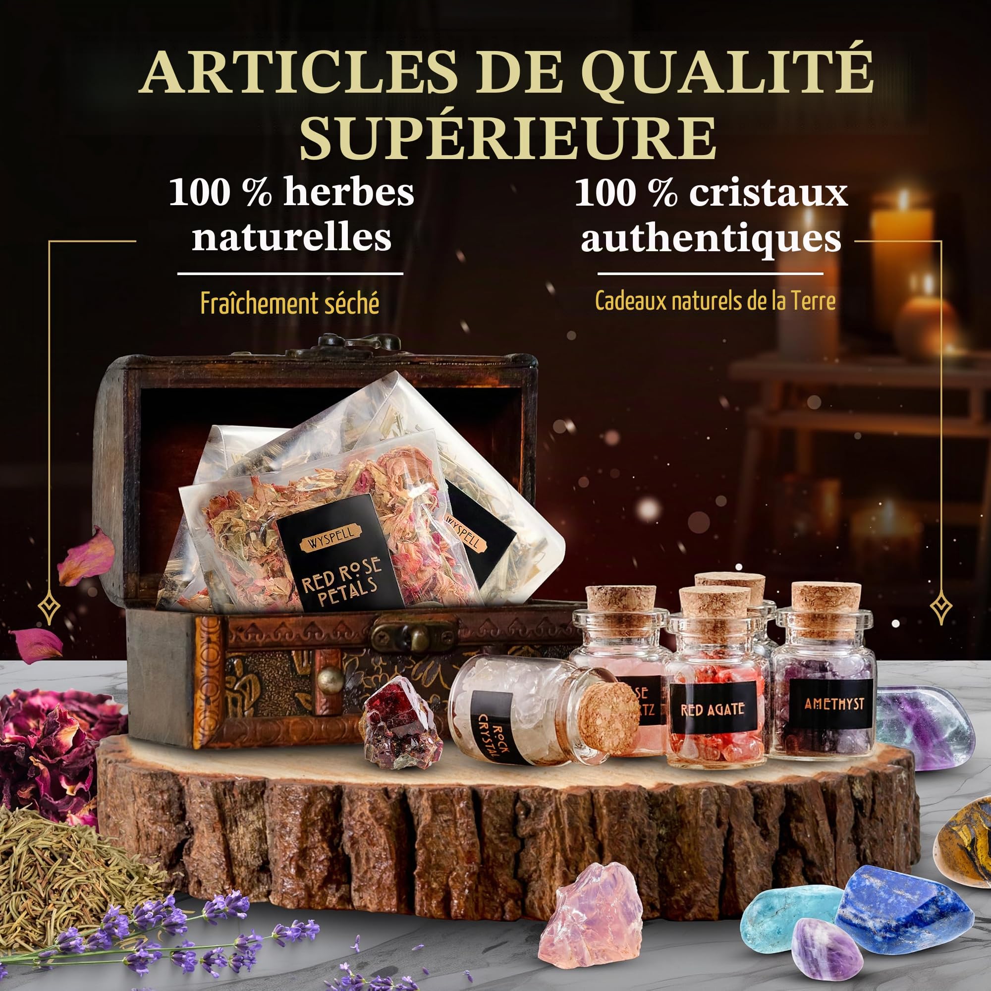 Kit de fournitures de sorcellerie pour sorcière - Bougies de sort - Pots à enchantements en cristaux - Herbes pour sort