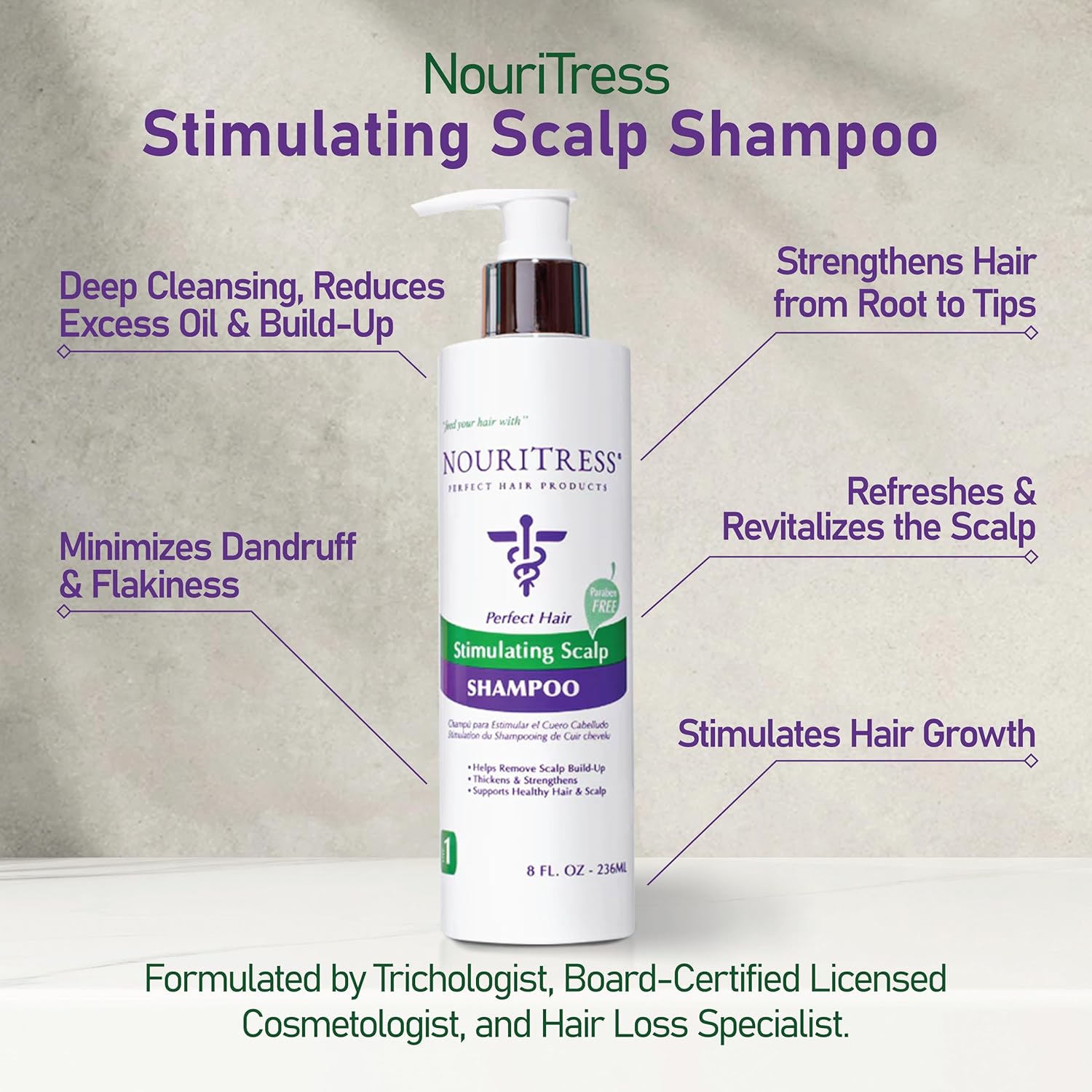 NouriTress Stimulating Scalp Shampoo - Itchy, Dry Scalp Shampoo, Promotes Hair Growth with Camphor, Peppermint & Tea Tree Oil - Deeply Cleanses, Reduces Build-up, Nourishes & Strengthens Hair - 8 oz