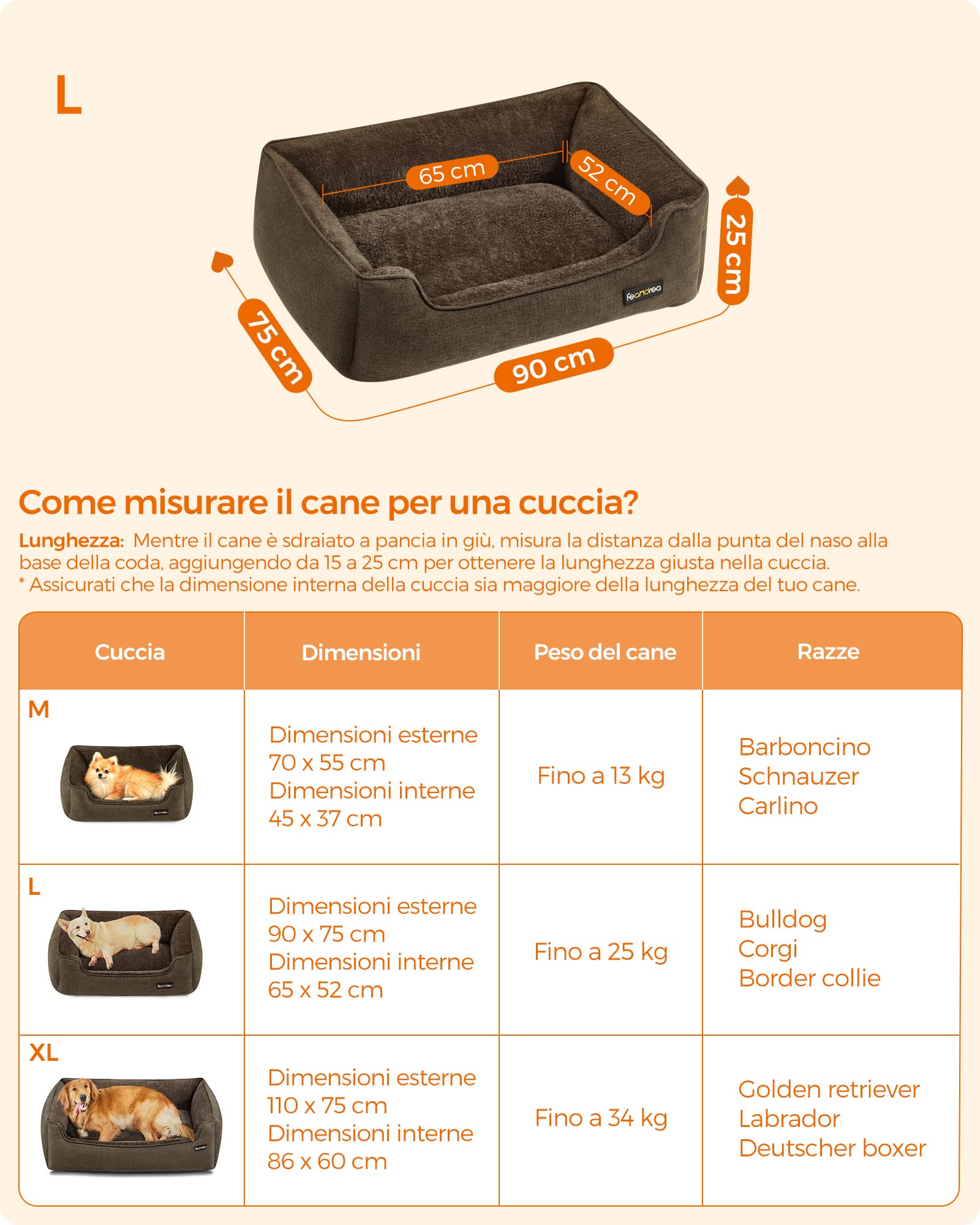 Feandrea Cuccia per Cani, Lettino per Animali in Simil Lino, Bordi Rialzati, Fondo Antiscivolo, Copertura Sfoderabile per Lavaggio, Taglia L per Cane Medio, 90 x 75 x 25 cm, Marrone PGW11CC