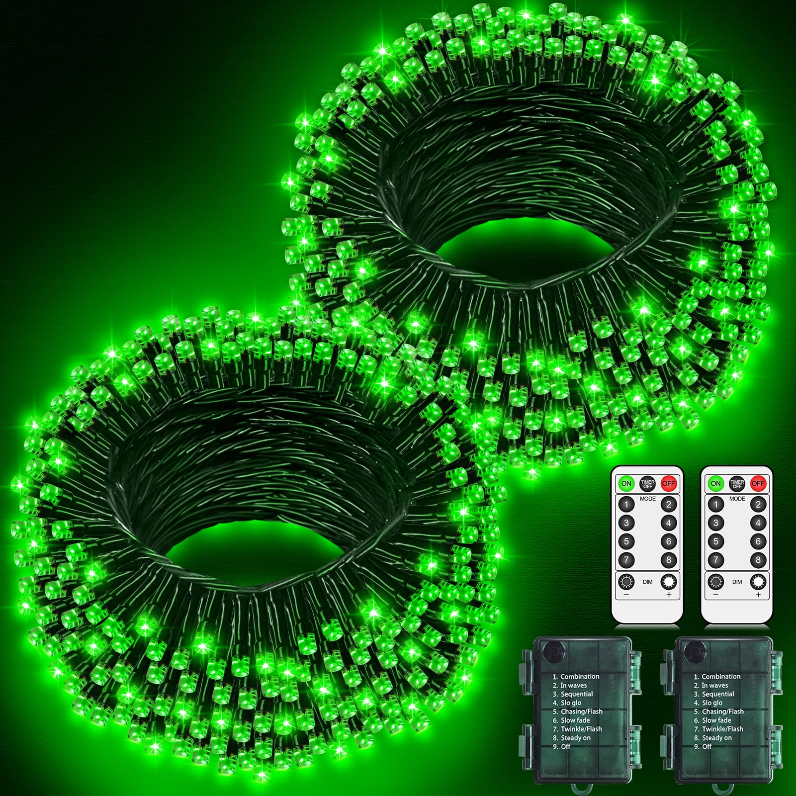 2 Pack Christmas Lights Outdoor Decorations Battery Fairy Lights Total 20M 200LED Battery Operated String Lights Waterproof with Remote Timer 8 Modes for Outside Garden Patio Party Indoor-Green