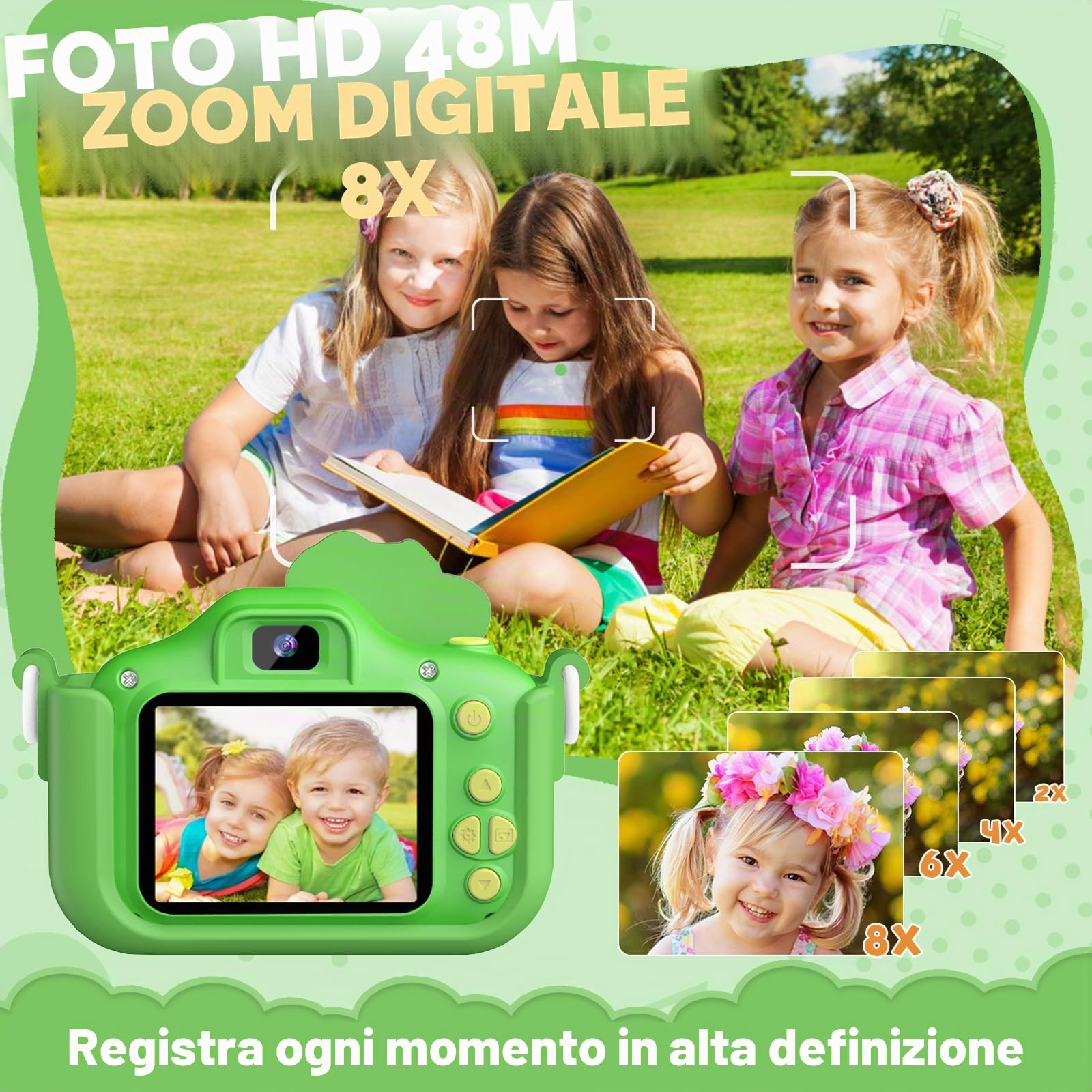 Macchina Fotografica Bambini 3-12 Anni, 48MP Digitale Fotocamera Bambini con Scheda 32 GB, Gioco Regali Natale & Compleanno per Bambino Bambina 3 4 5 6 7 8 9 10 Anni, Cappuccio di Dinosauro (Verde)
