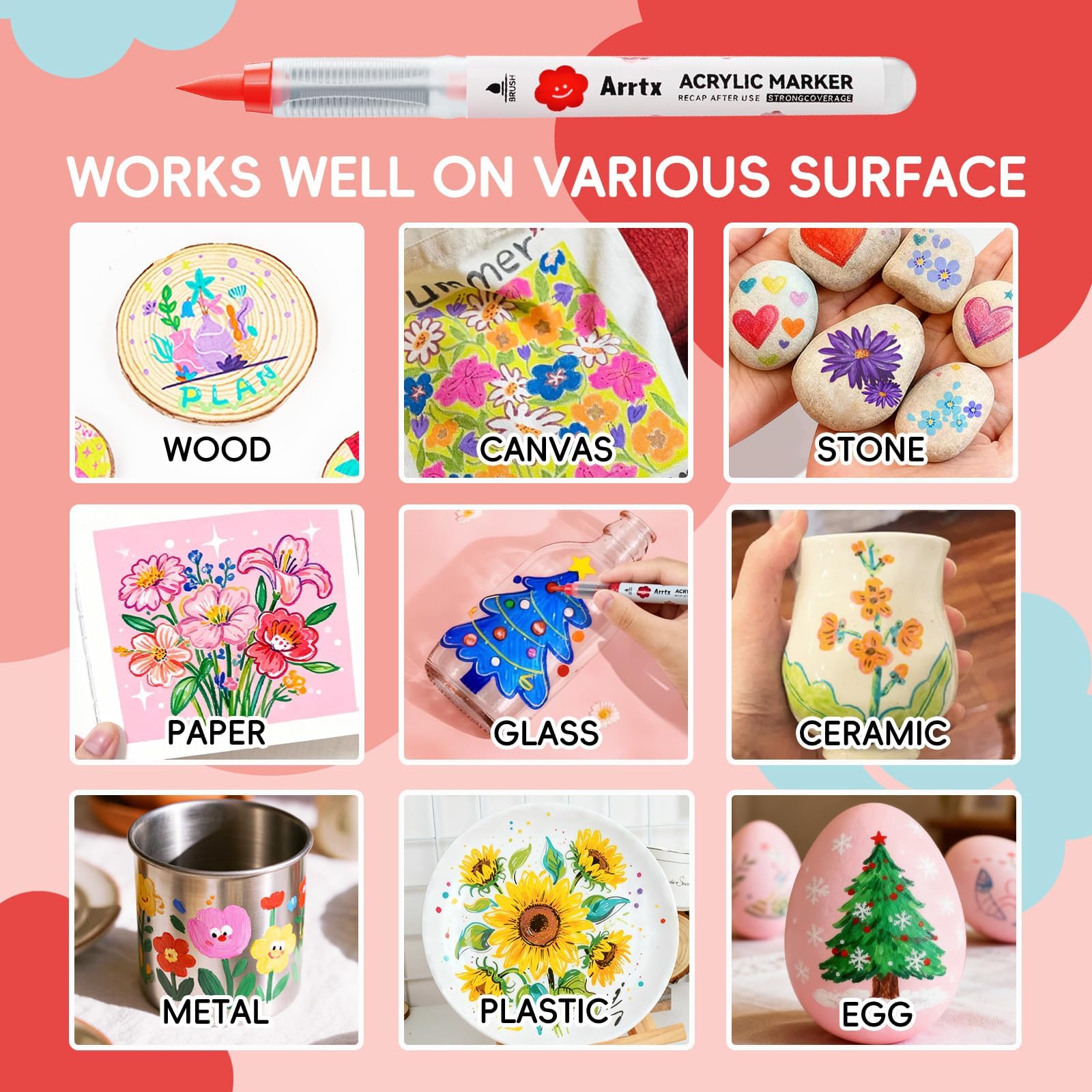 Arrtx Acrylstifte für Steine Wasserfest, 60 Farben Acrylstift Pinsel Spitze, Acryl-Marker, Schnelltrocknend und Ungiftig, Kunstbedarf für Stein, Glas, Ei, Holz, Met, Keramik, DIY Handwerk