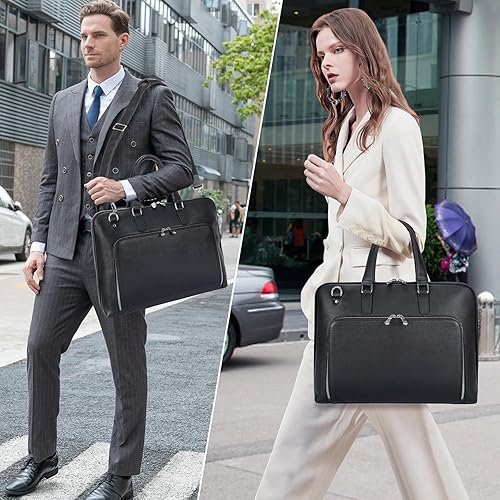 Miniatura 2 de Masa Kawa Maletín delgado de cuero negro para hombres y mujeres, se adapta a portátiles de 15.6 a 16 pulgadas, bolsa cruzada profesional de