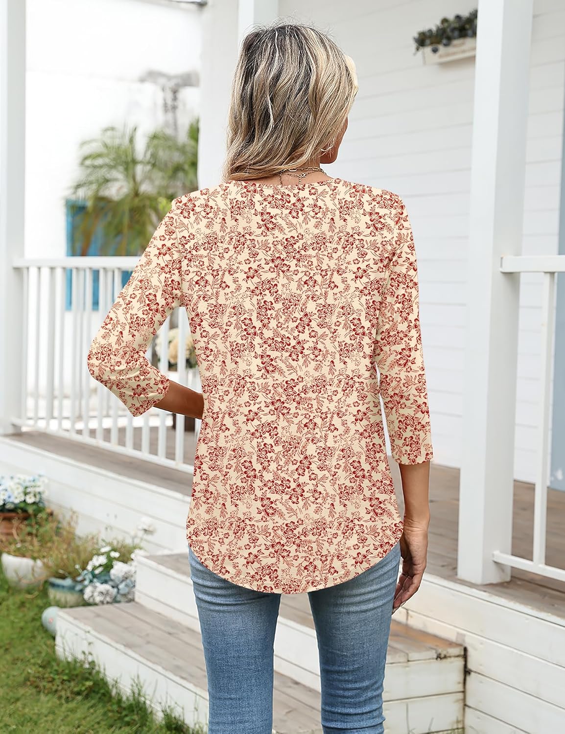 Ivicoer Women's 3/4 Length Sleeve Tops Crewneck Button Pleated Dressy Casual Blouses - Image 3