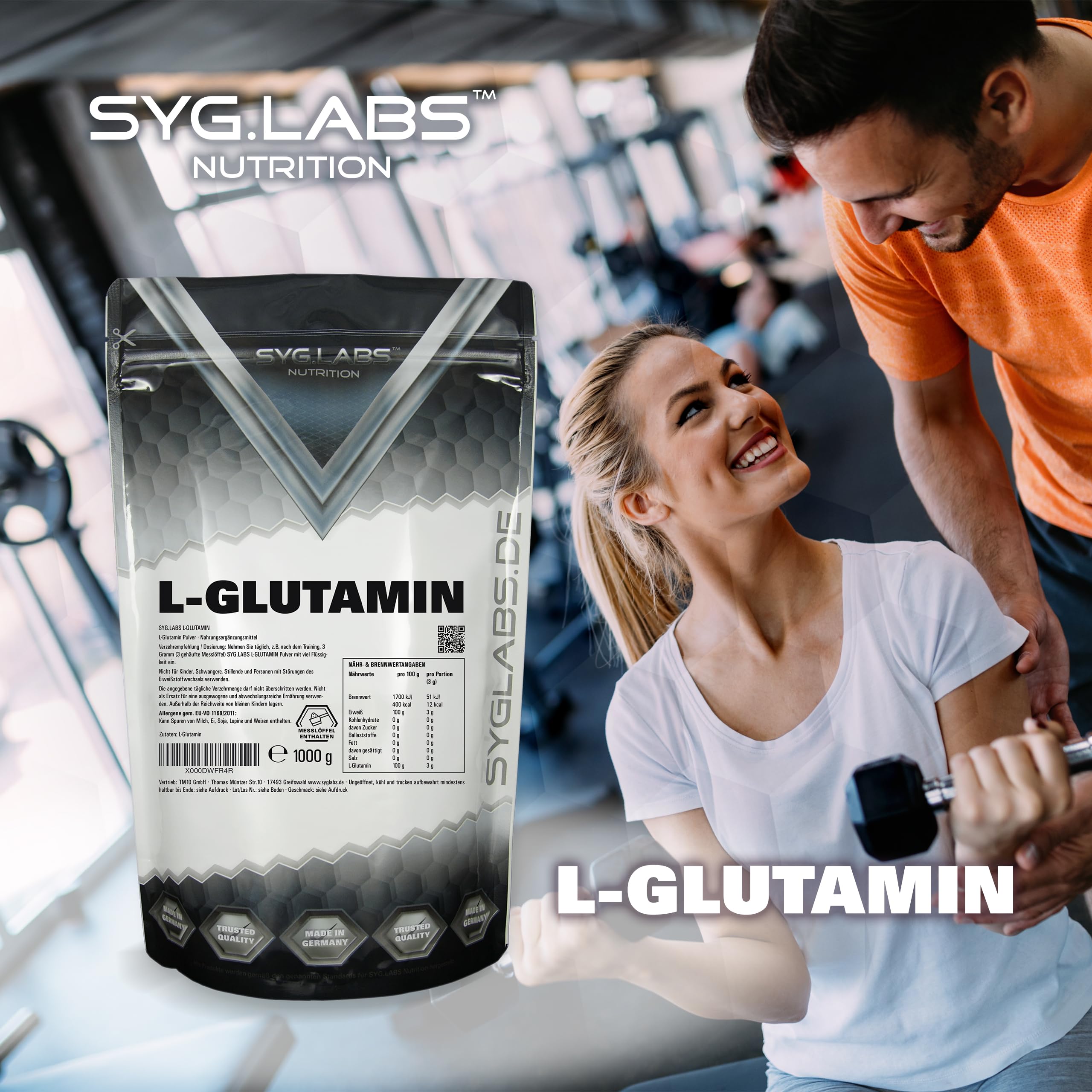 L-Glutamin Pulver 100% rein - 1000g Aminosäure Glutamine - 1kg - ohne Zusatzstoffe - vegan - mit Messlöffel - Glutamin - laborgeprüft