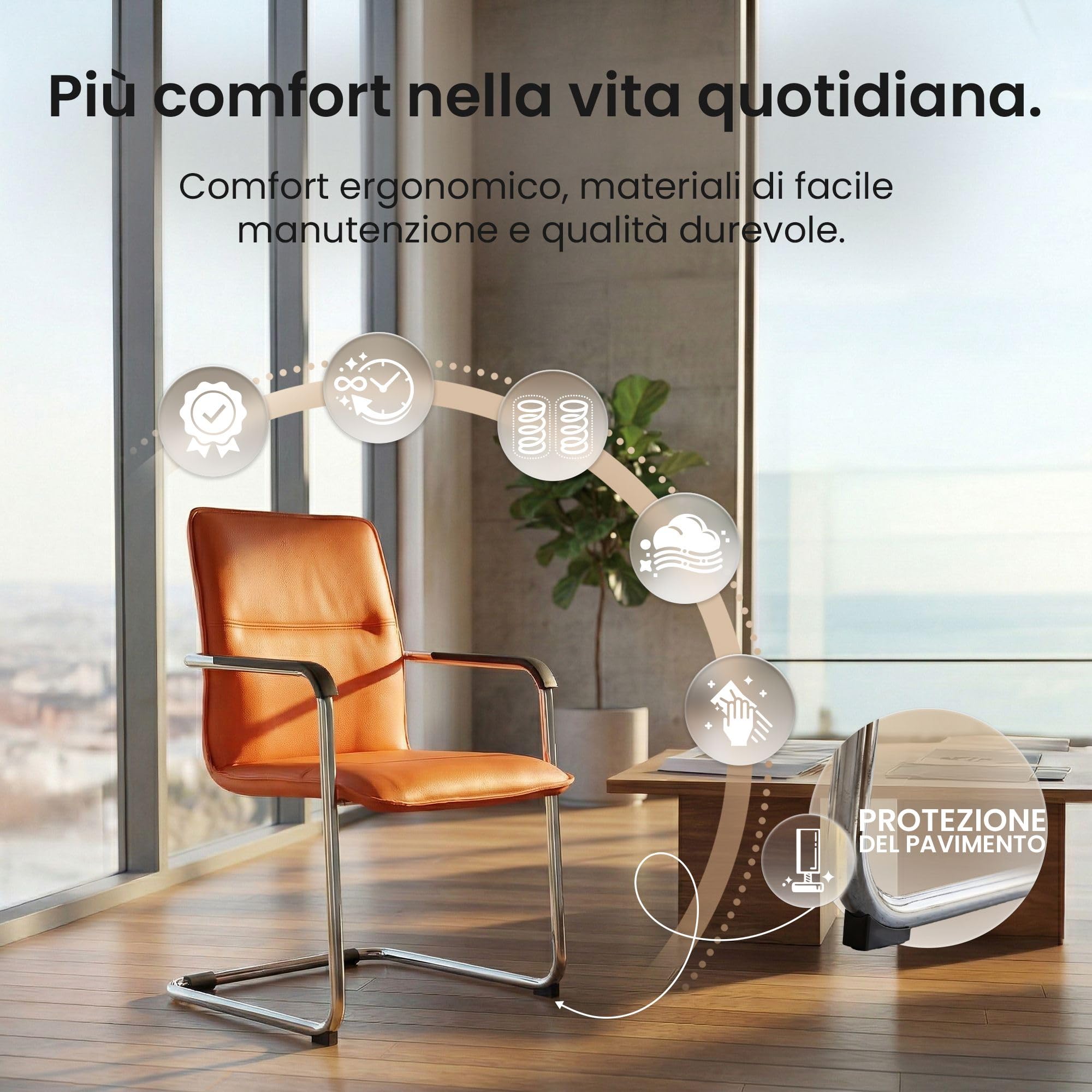 CLP Sedia a sbalzo con braccioli Seattle, sedia moderna imbottita in similpelle, struttura effetto cromo, Colore:arancione
