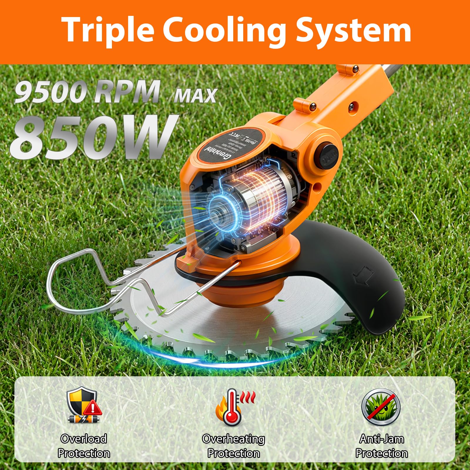 Desbrozadora a Batería 21V, Desbrozadora Eléctrica Sin Cable 4 en 1 con 2 Baterías 2000mAh, Cortabordes Eléctrico Potente 850W 9500RPM para Jardín, Césped y Maleza