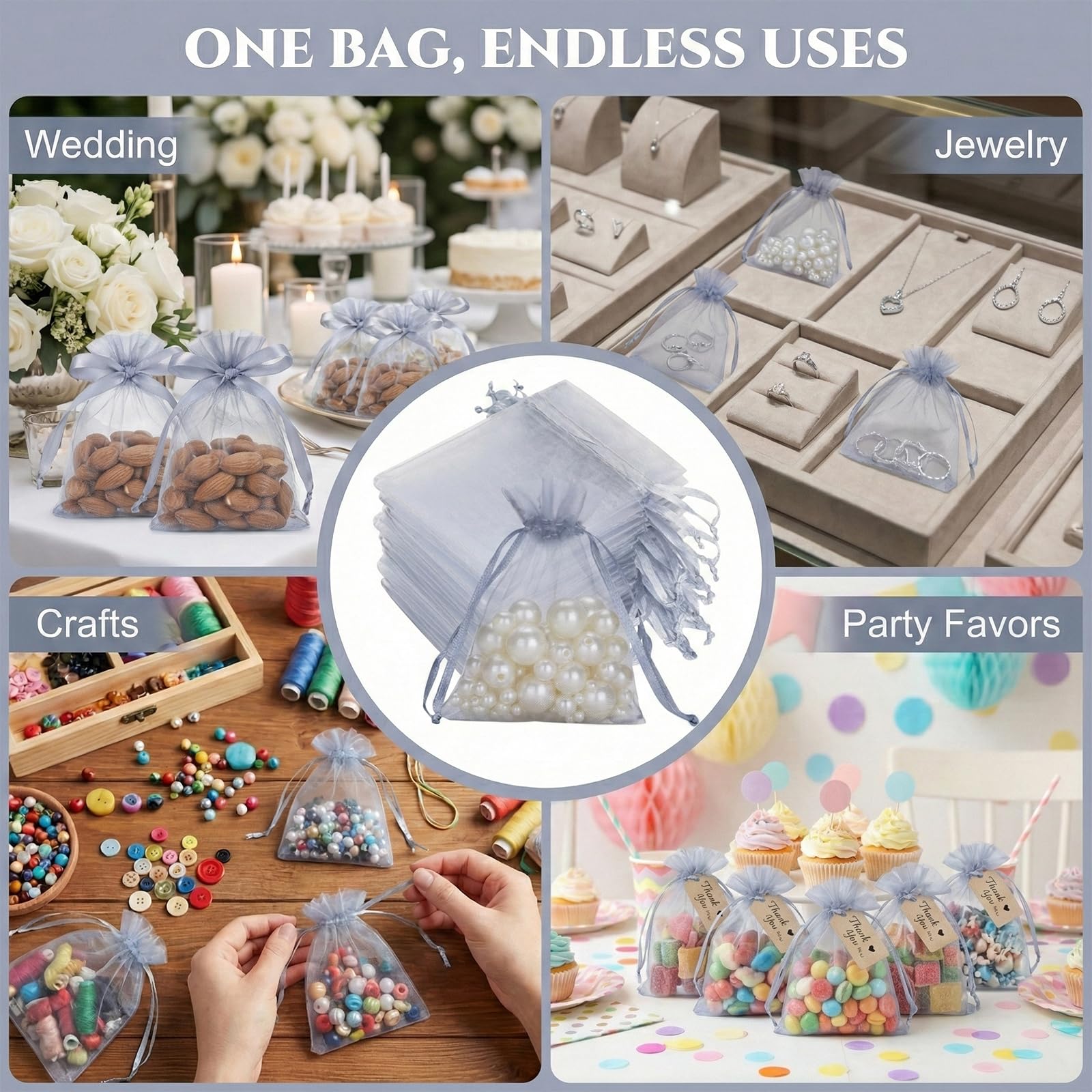 60 bolsitas organza blanco plateado - Bolsitas regalo organza pequeñas 7 x 9 cm con cordón para usar como bolsitas para caramelos boda, bolsitas para joyas o bolsitas para regalos — view 6