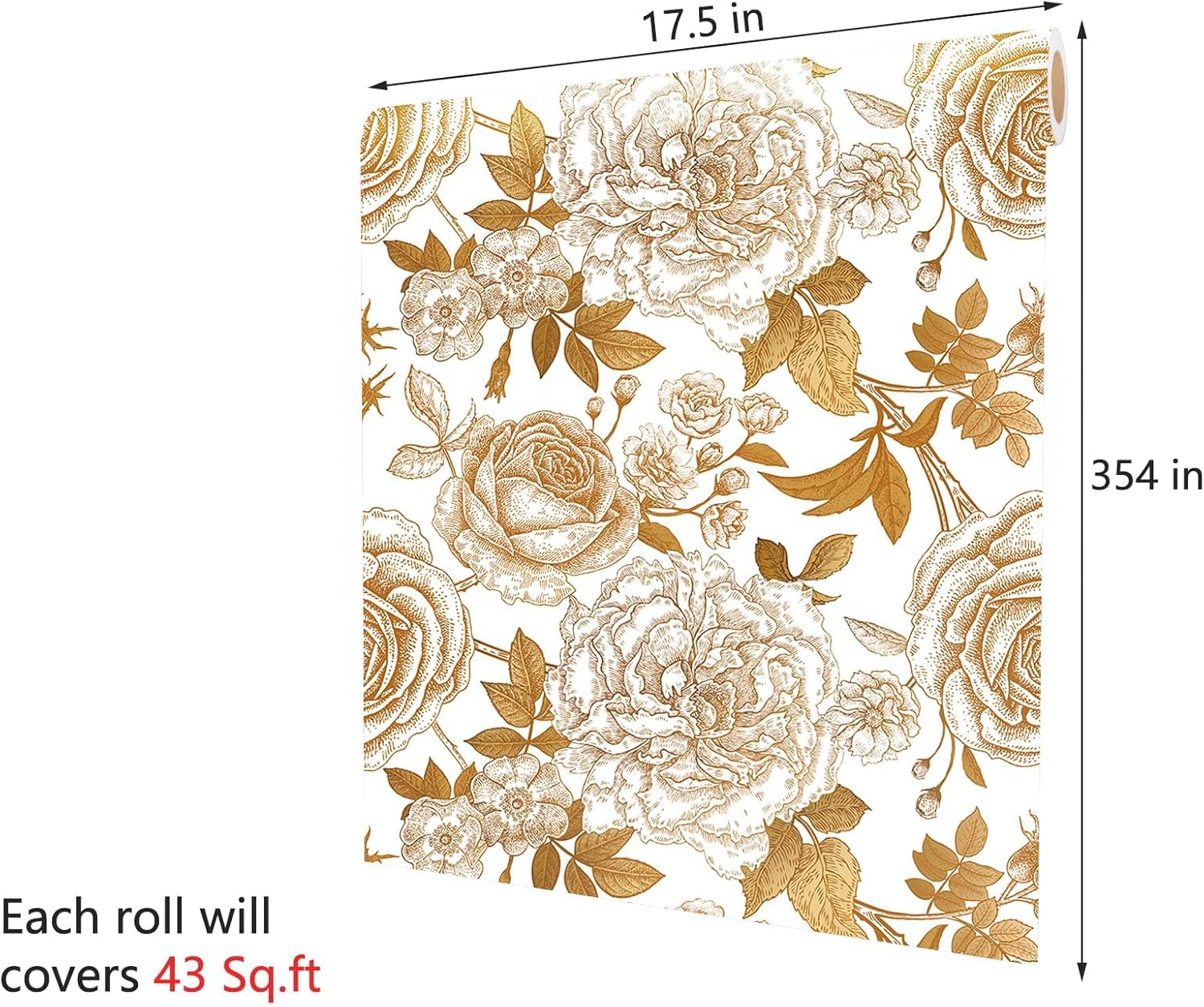 Decotalk Rose Flower Wallpaper 17.5x354 Inch White and Gold Floral Wallpaper for Bedroom Vintage Contact Paper Floral Gold and White Florals Wall Paper for Bathroom Renter Friendly Wall Covering Roses