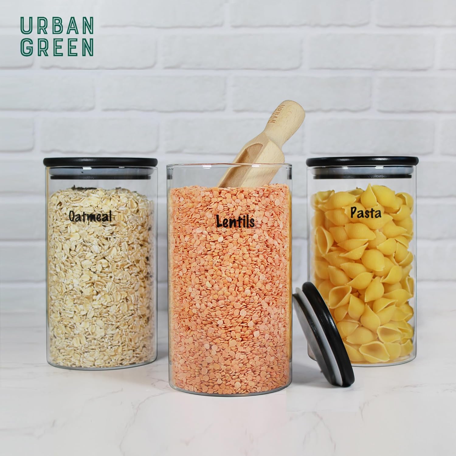 Urban Green Glass Jars with Black Lids, Glass food storage container sets with black lids, Airtight Canisters Sets with Bamboo Lids. Pantry Jar (3 Pack of 48oz) - Image 4