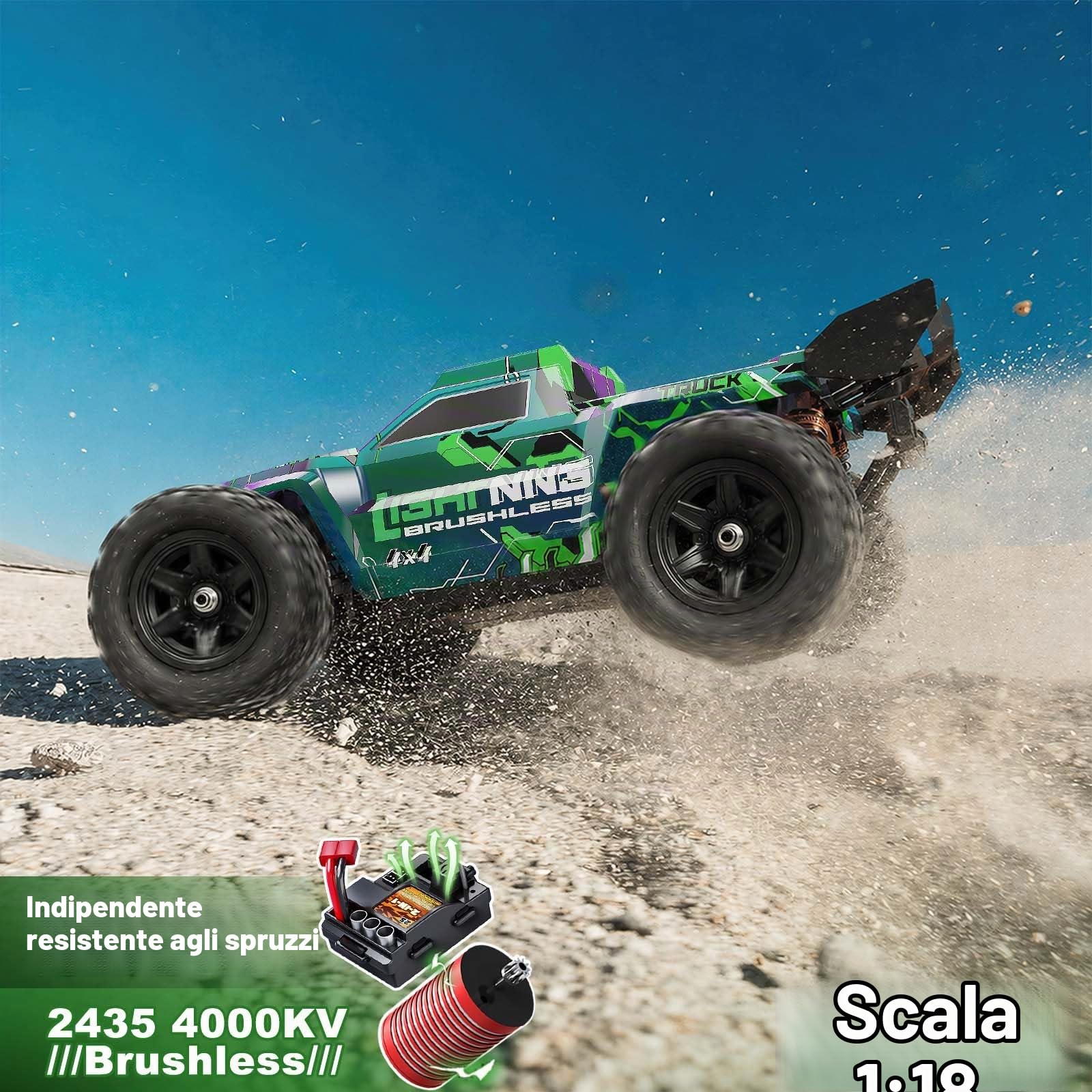 Macchina Telecomandata Professionale 1:18 Brushless 4x4 52 km/h | RC Car Fuoristrada RTR da 10 anni con ammortizzatori ad olio, trasmissione in metallo, 2 batterie e 2 carrozzerie