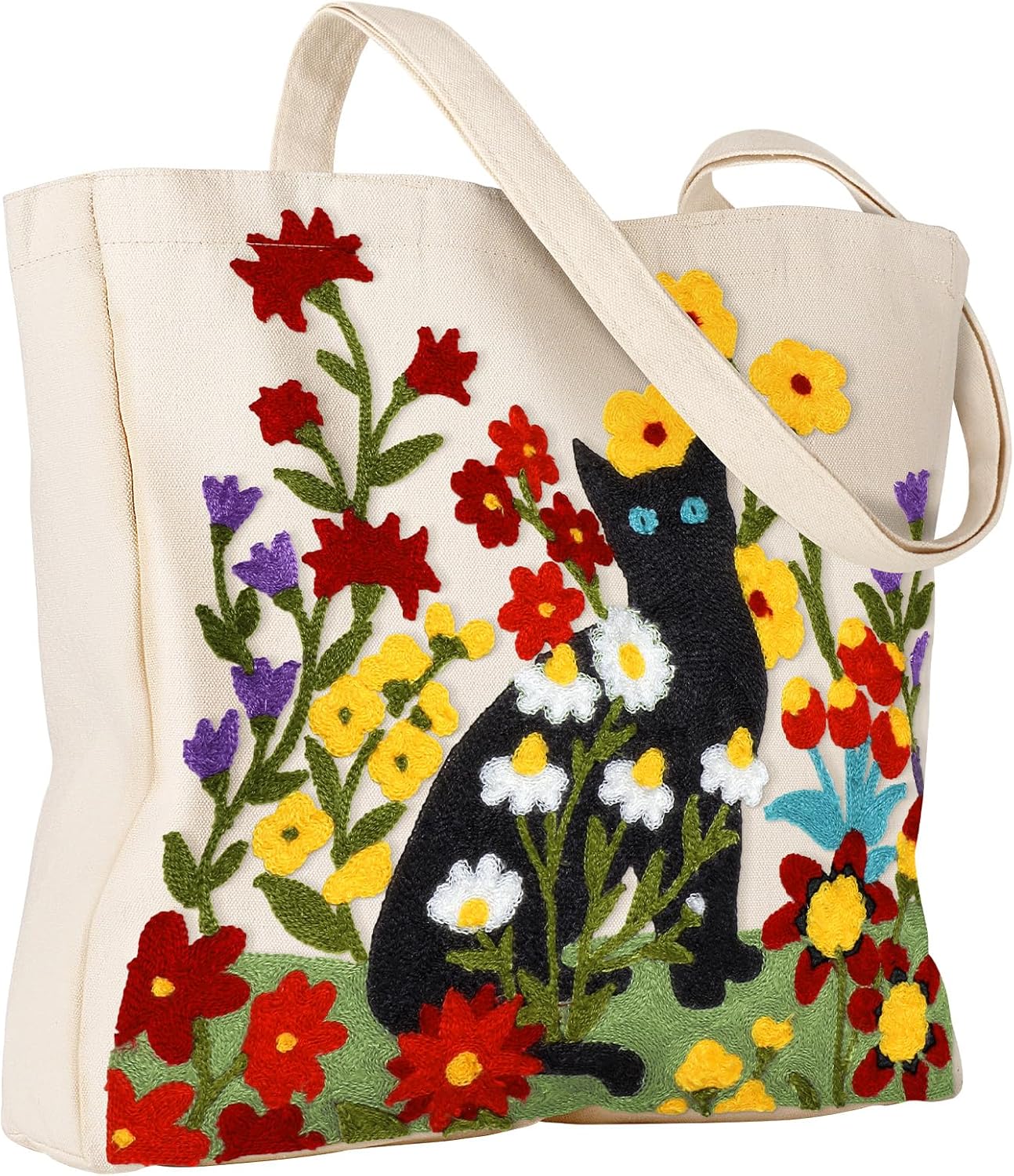 MissAdola Aesthetic Embroidery Tote Bag for Women - Reusable Canvas Shoulder Bag, Cute Designs for Shopping, Grocery, Work, Books