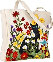 MissAdola Aesthetic Embroidery Tote Bag for Women - Reusable Canvas Shoulder Bag, Cute Designs for Shopping, Grocery, Work, Books