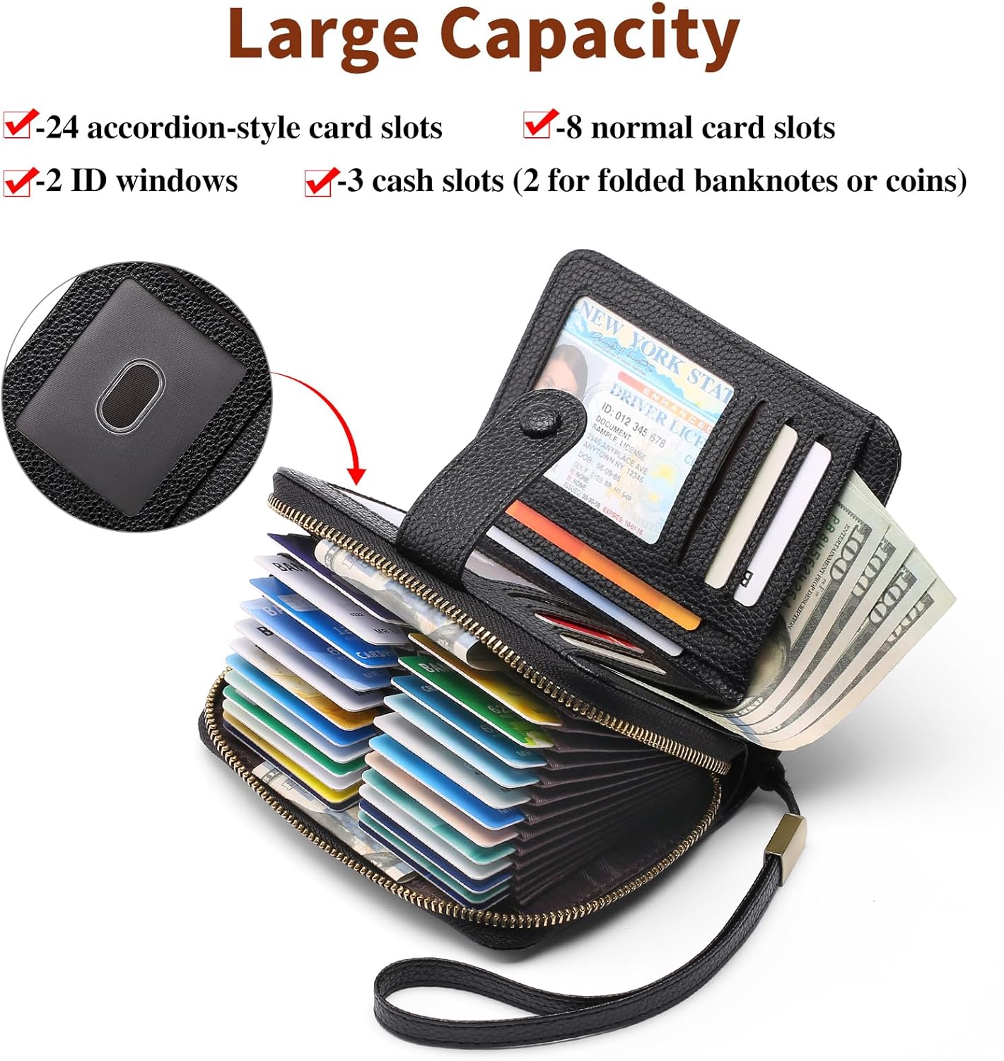 GAEKEAO Leather Credit Card Holder Wallet for Women RFID Blocking Large Capacity Bifold Zipper Card Case Organizer with Wristlet 32 Slots - Image 2
