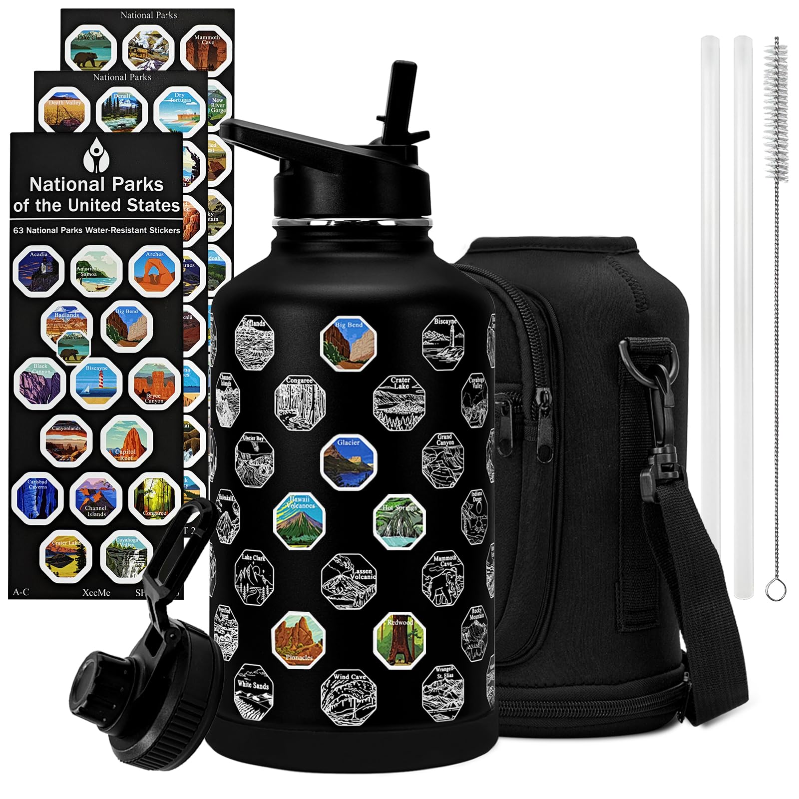 XccMe 64 oz National Parks Water Bottle with Stickers,Half Gallon Insulated Stainless Steel Metal Bottle with 2 Lids,Waterproof Stickers,Sports Water Jug,Leakproof,For Travel,School,Sports,Black