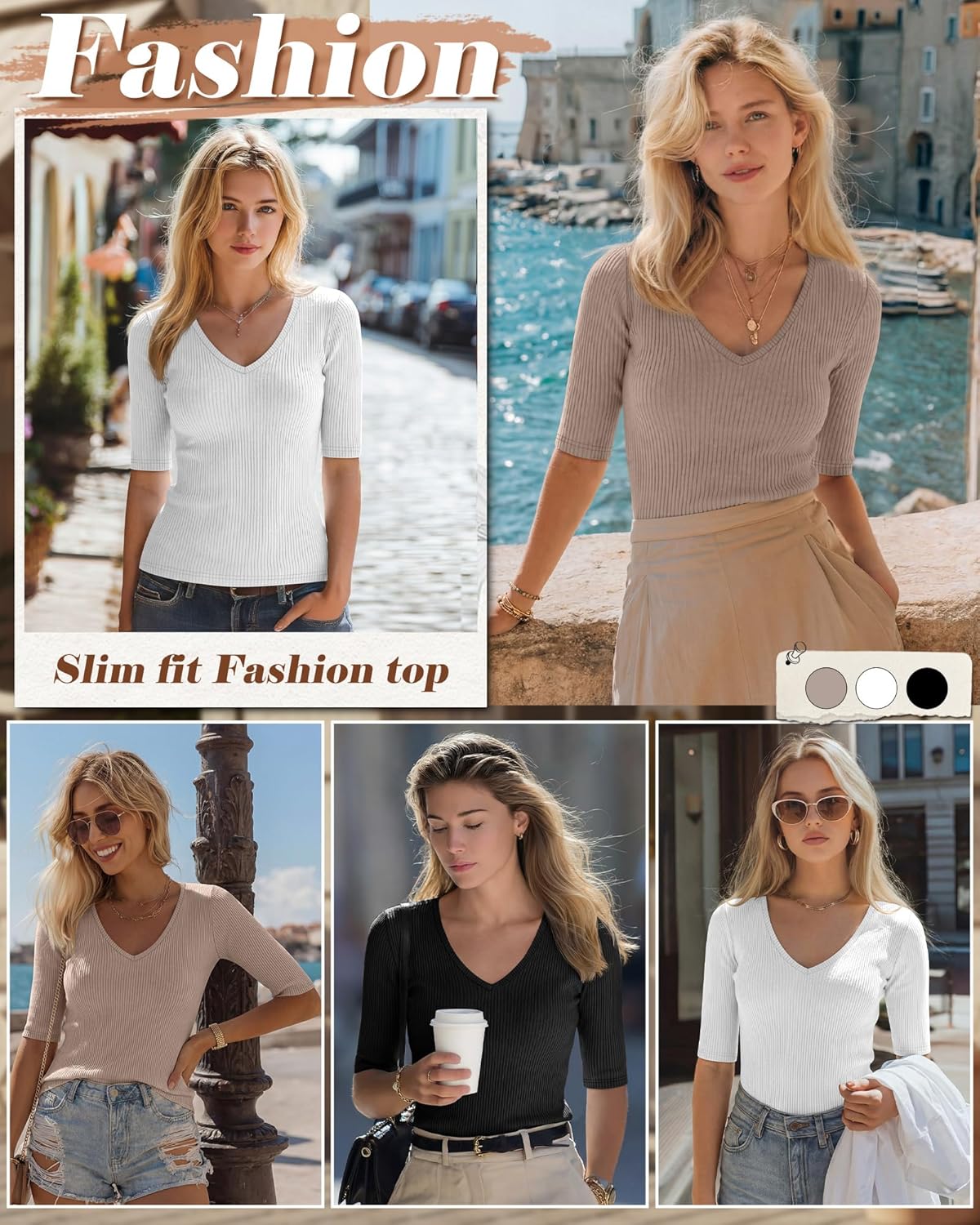 Riyiper 3 Pack Women's Half Sleeve Top Elbow Length Ribbed Cotton T Shirt Women V Neck Summer Tee Slim Fit Casual Blouses - Image 3