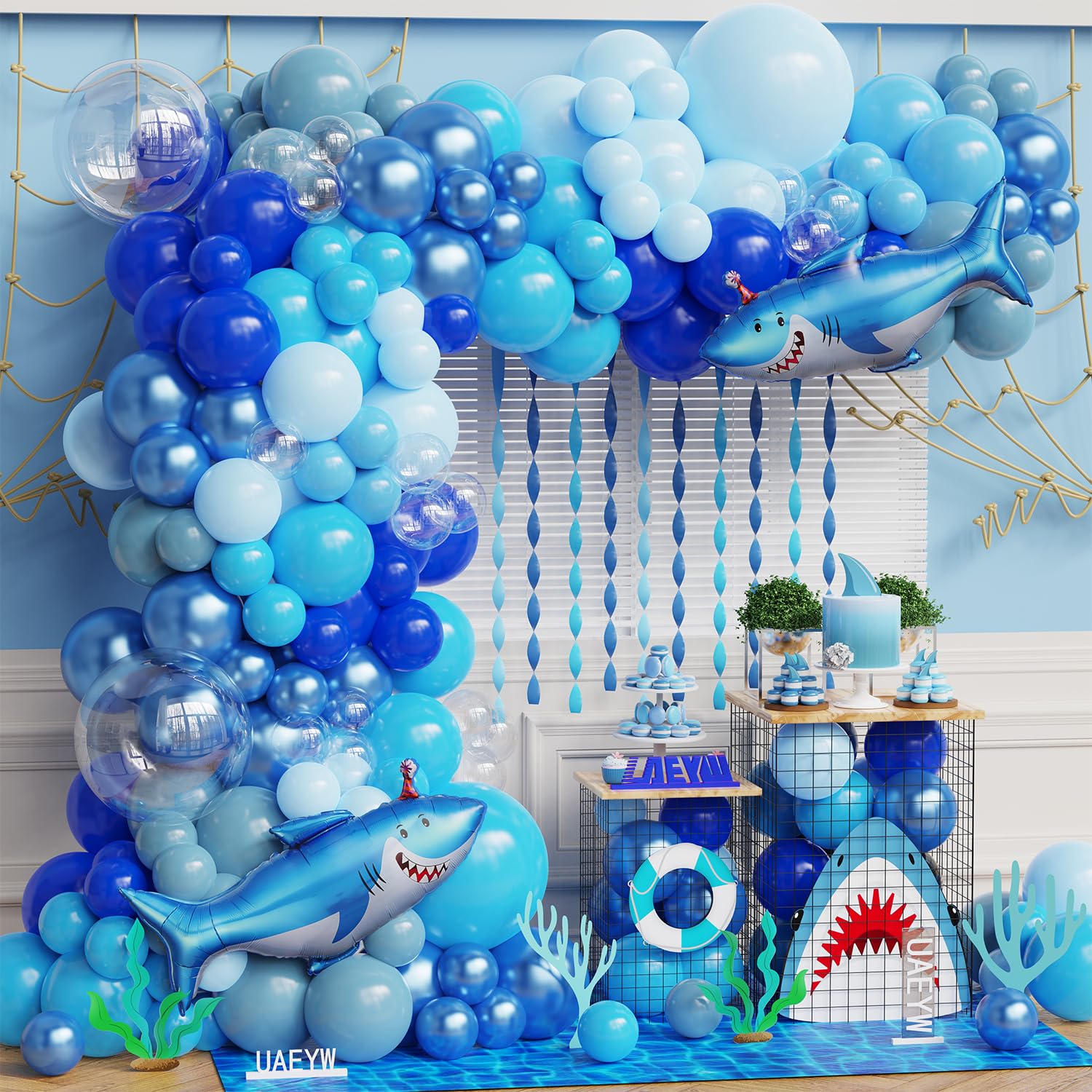 Shark Balloon Arch Kit for Ocean Under the Sea Birthday Party Decorations 153Pcs Blue Balloon Garland Kit with Shark Foil Balloons for Kids Boys Shark