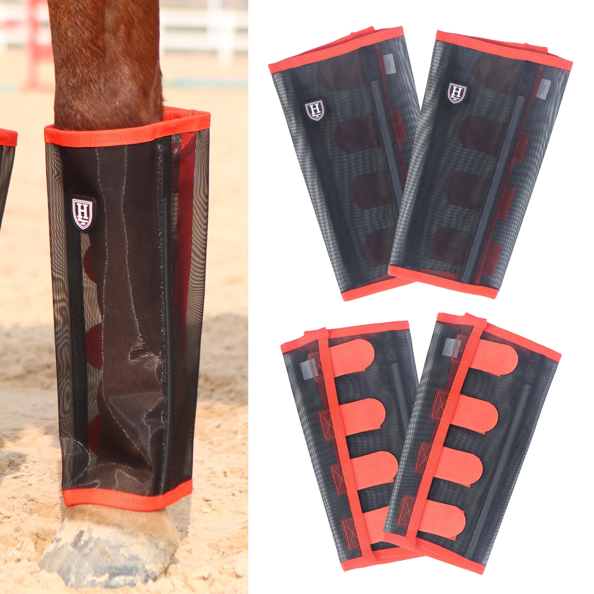 Harrison Howard Loose-Fitting Horse Fly Leggings Breathable, Tear-Resistant Fine Mesh Leg Guards Stay-on Comfortable Fly Boots (Set of 4) Orange Yearling