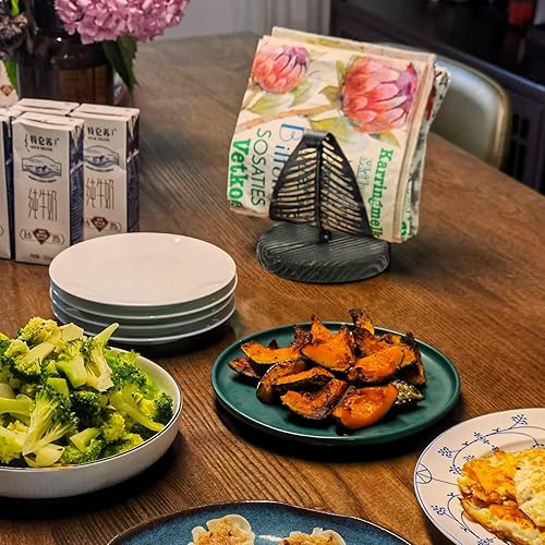Miniatura 6 de Servilletero para mesa, hoja de metal y base de madera, decoración de mesa de comedor, dispensador de servilletas ideal para mesas y encimeras de